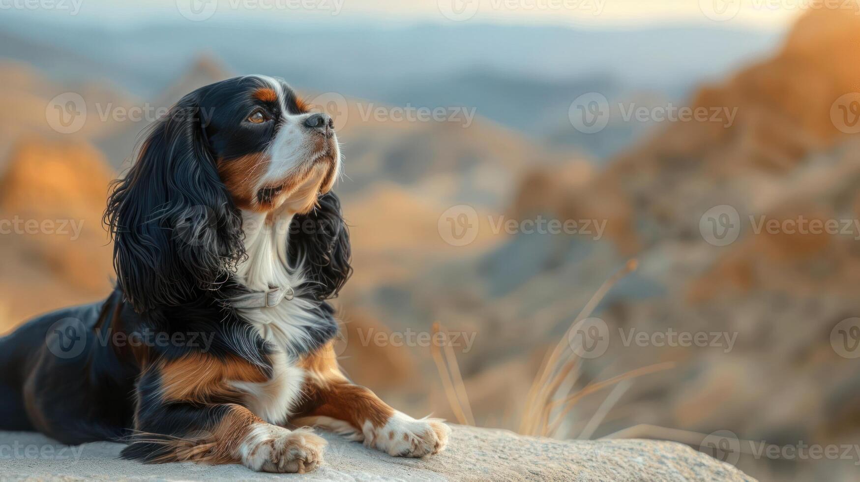 A regal dog resting on a rock, gazing into the distance with mountains in the background at sunset photo