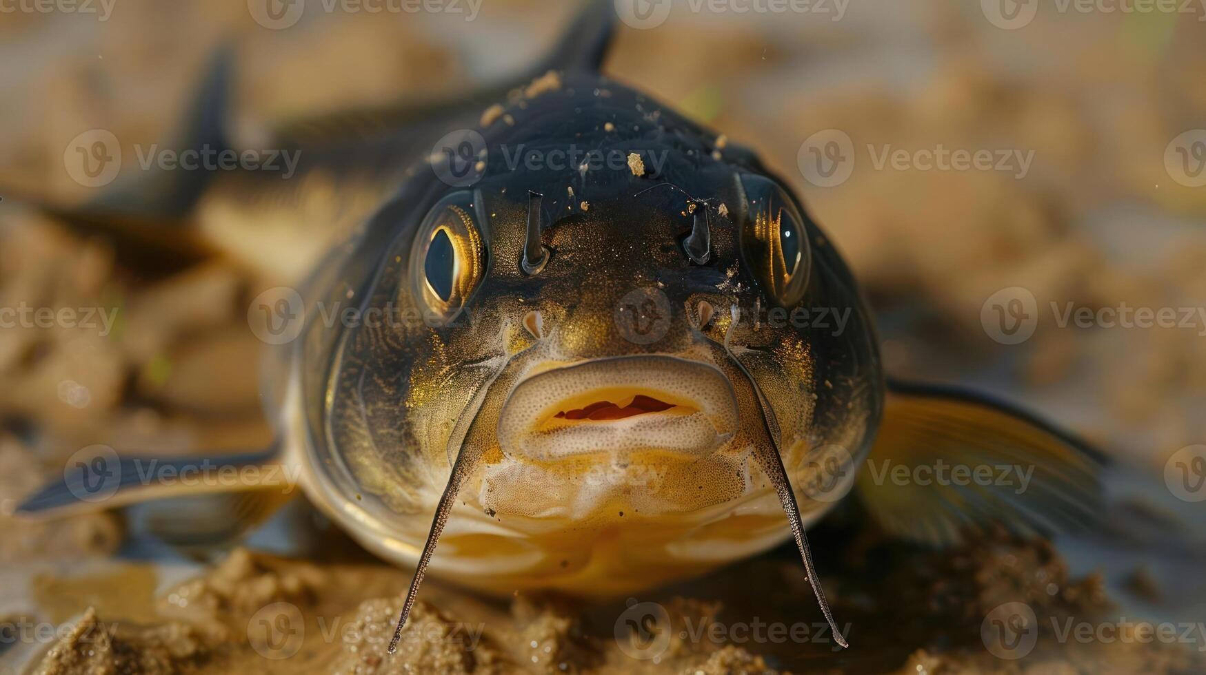 Close-up of a catfish resting on muddy ground, showcasing its features and surrounding nature photo
