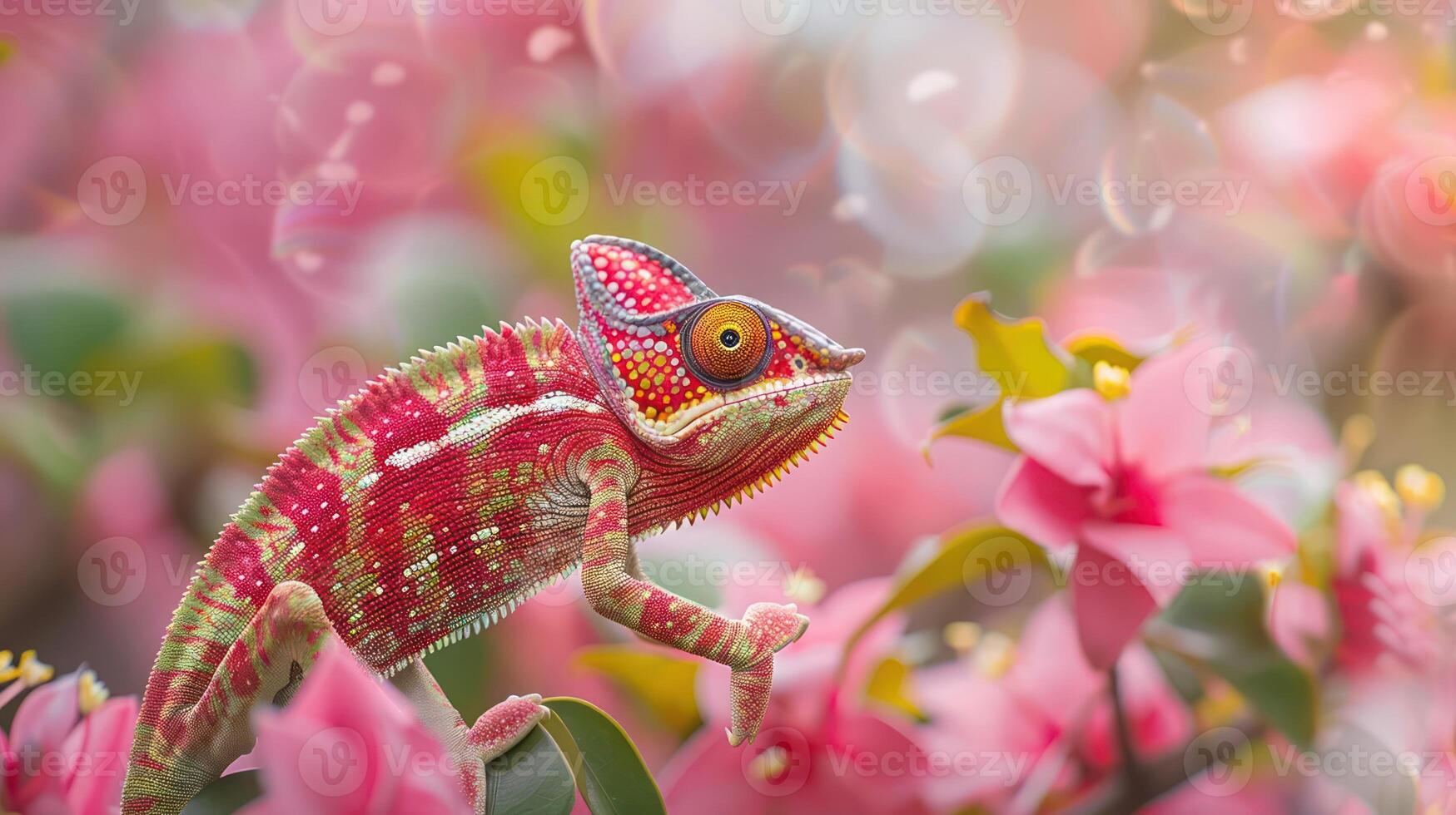 Colorful chameleon perched on vibrant pink flowers, surrounded by a soft, dreamy background photo