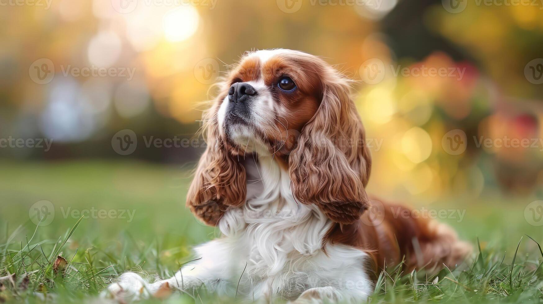 A serene dog resting in a lush green park surrounded by autumn foliage and soft sunlight photo
