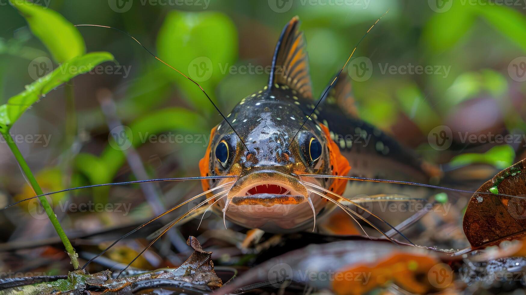 Close-up of a vibrant fish in a lush rainforest, surrounded by greenery and fallen leaves photo