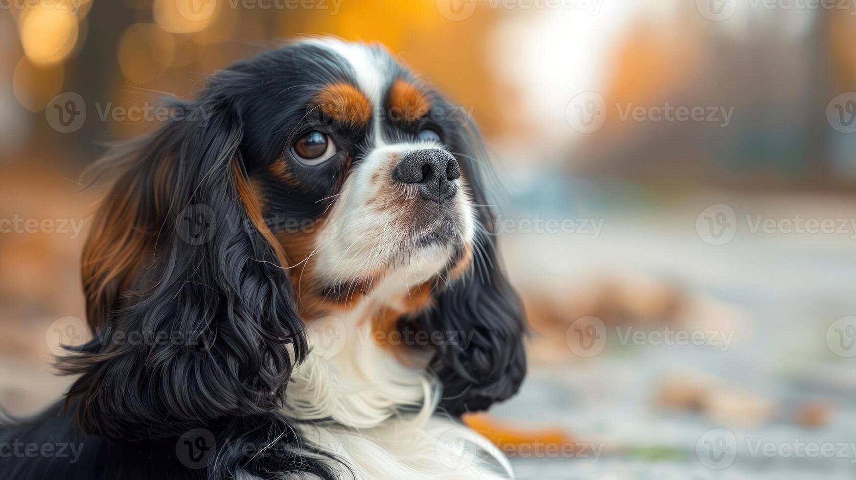 A close-up of a Cavalier King Charles Spaniel dog gazing thoughtfully in a serene autumn park photo