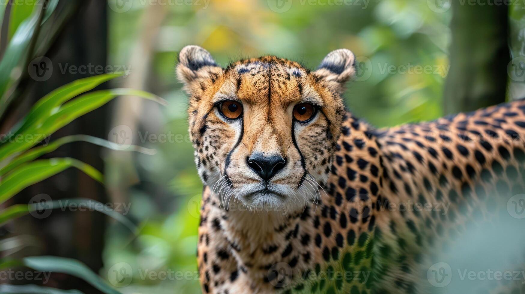 Close-up of a cheetah in a lush green environment, showcasing its striking features and alert expression photo