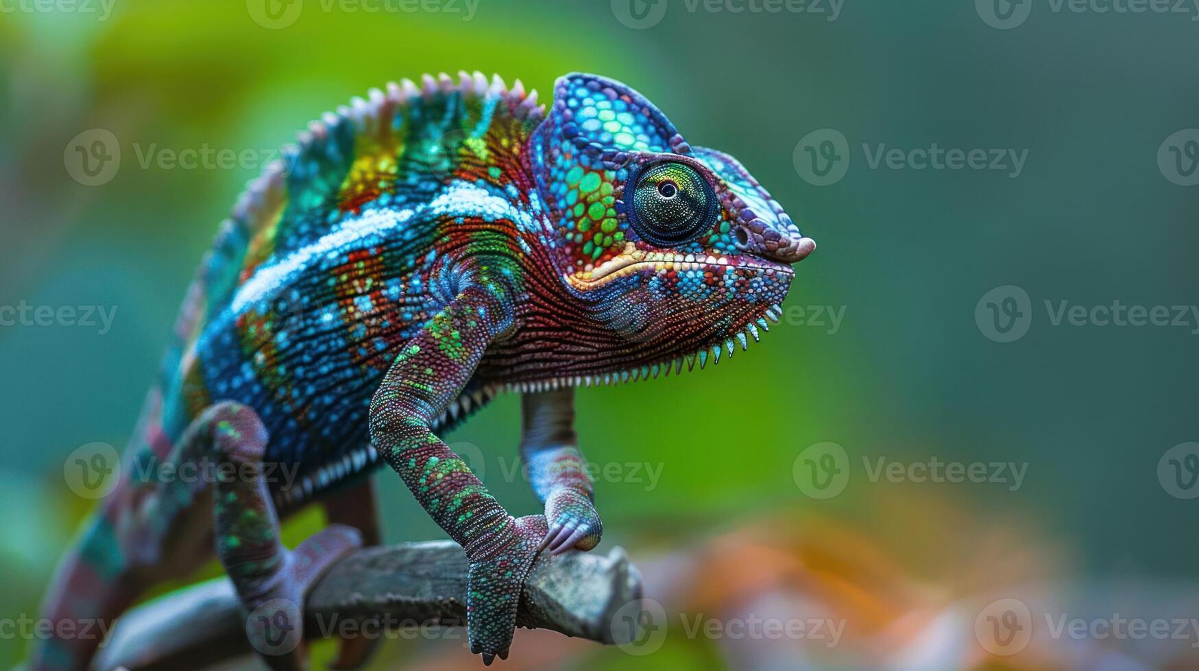 Vibrantly colored chameleon perched on a branch amidst lush greenery in a tropical setting photo