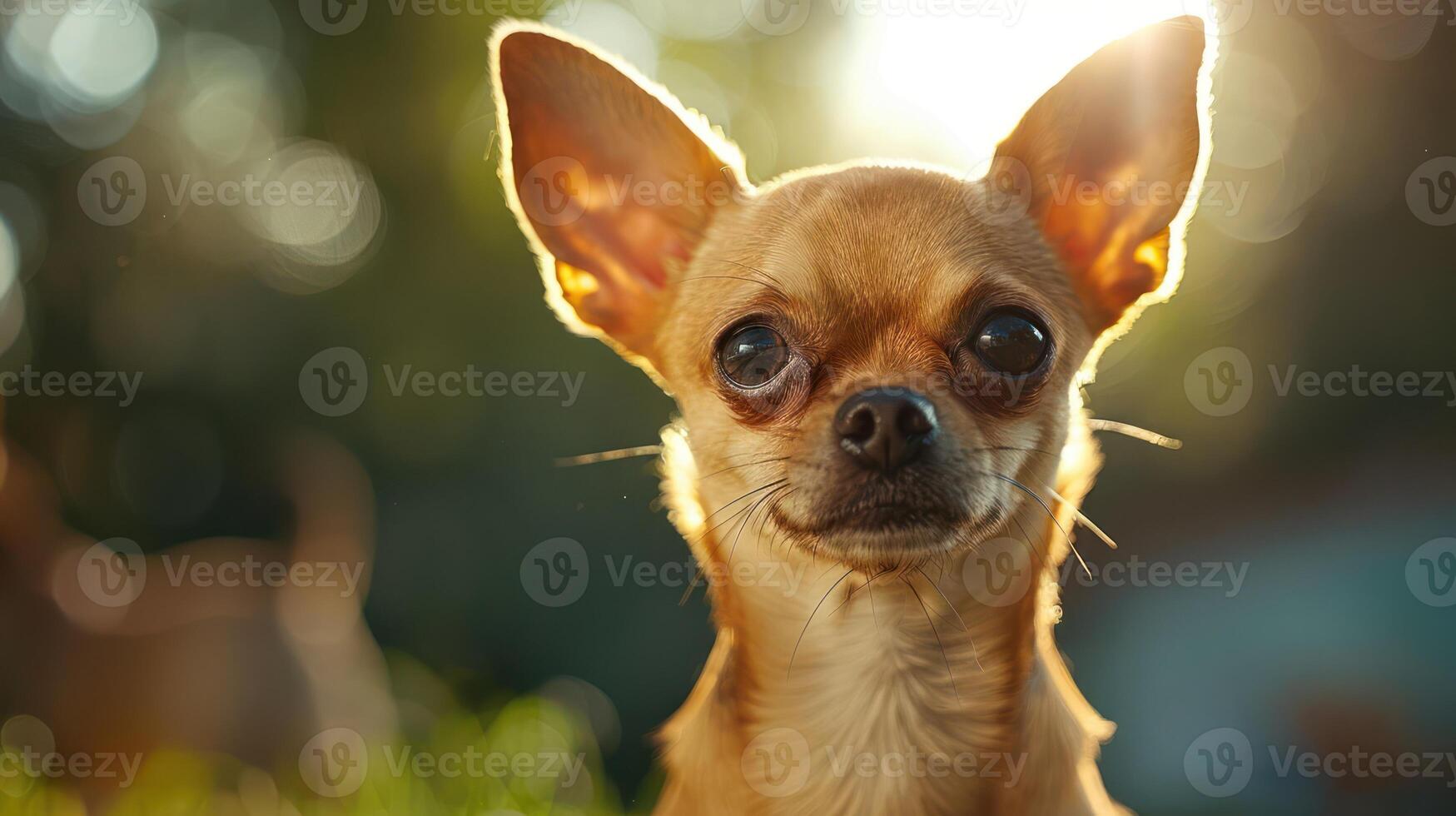 Close-up of a Chihuahua with bright sunlight creating a bokeh effect in the background photo