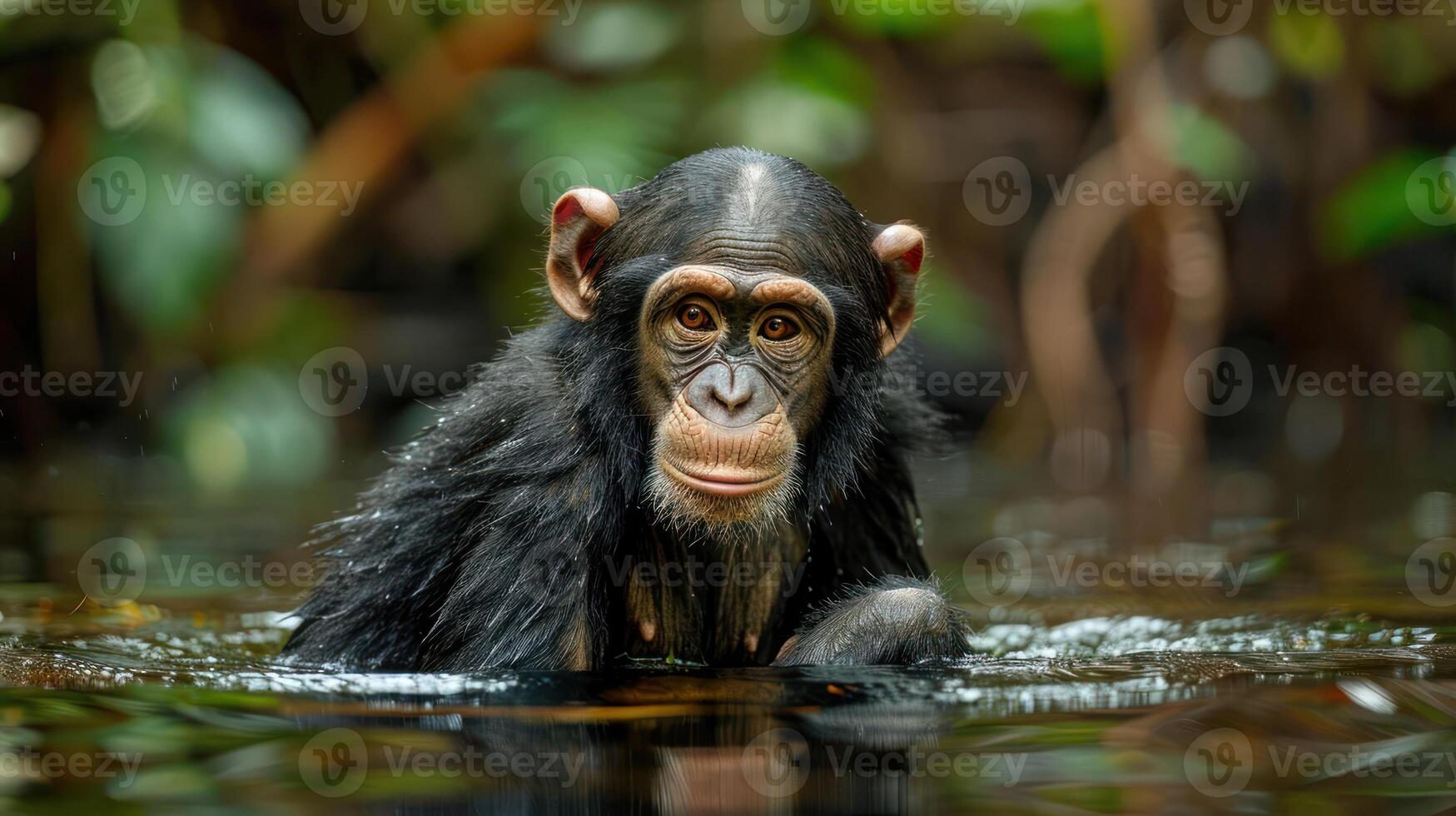 Young chimpanzee swimming in a lush jungle environment, with vibrant greenery in the background photo