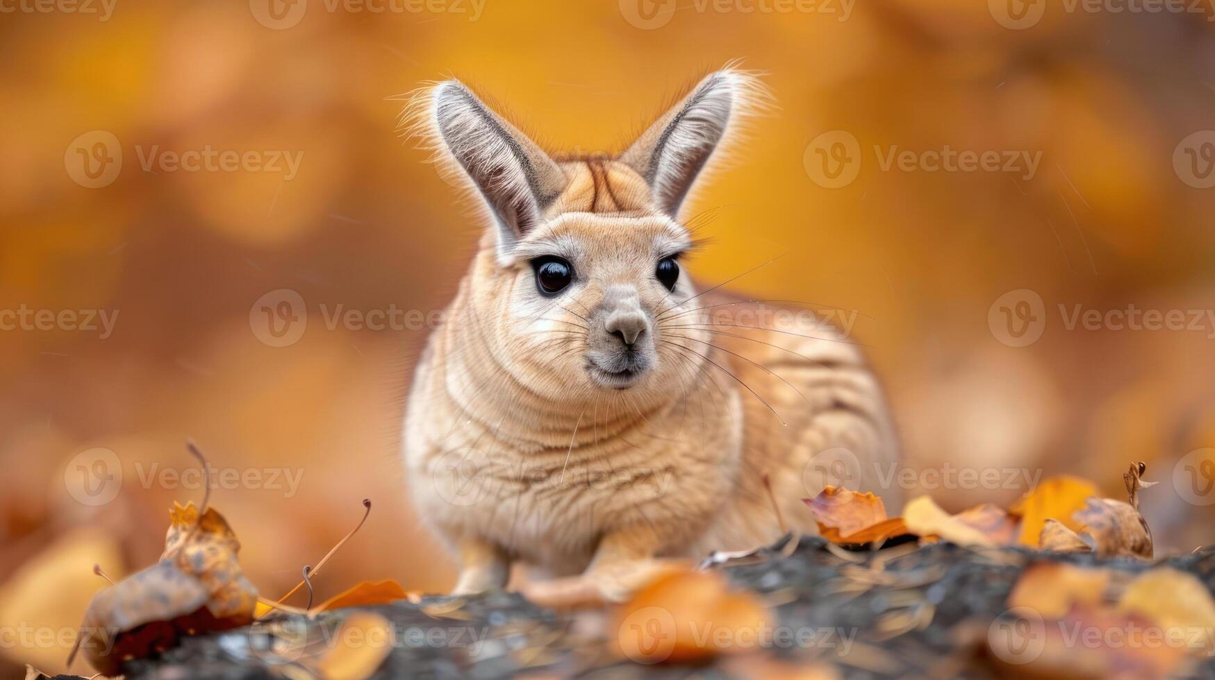 A close-up of a cute wallaby sitting among colorful autumn leaves in a serene natural setting photo