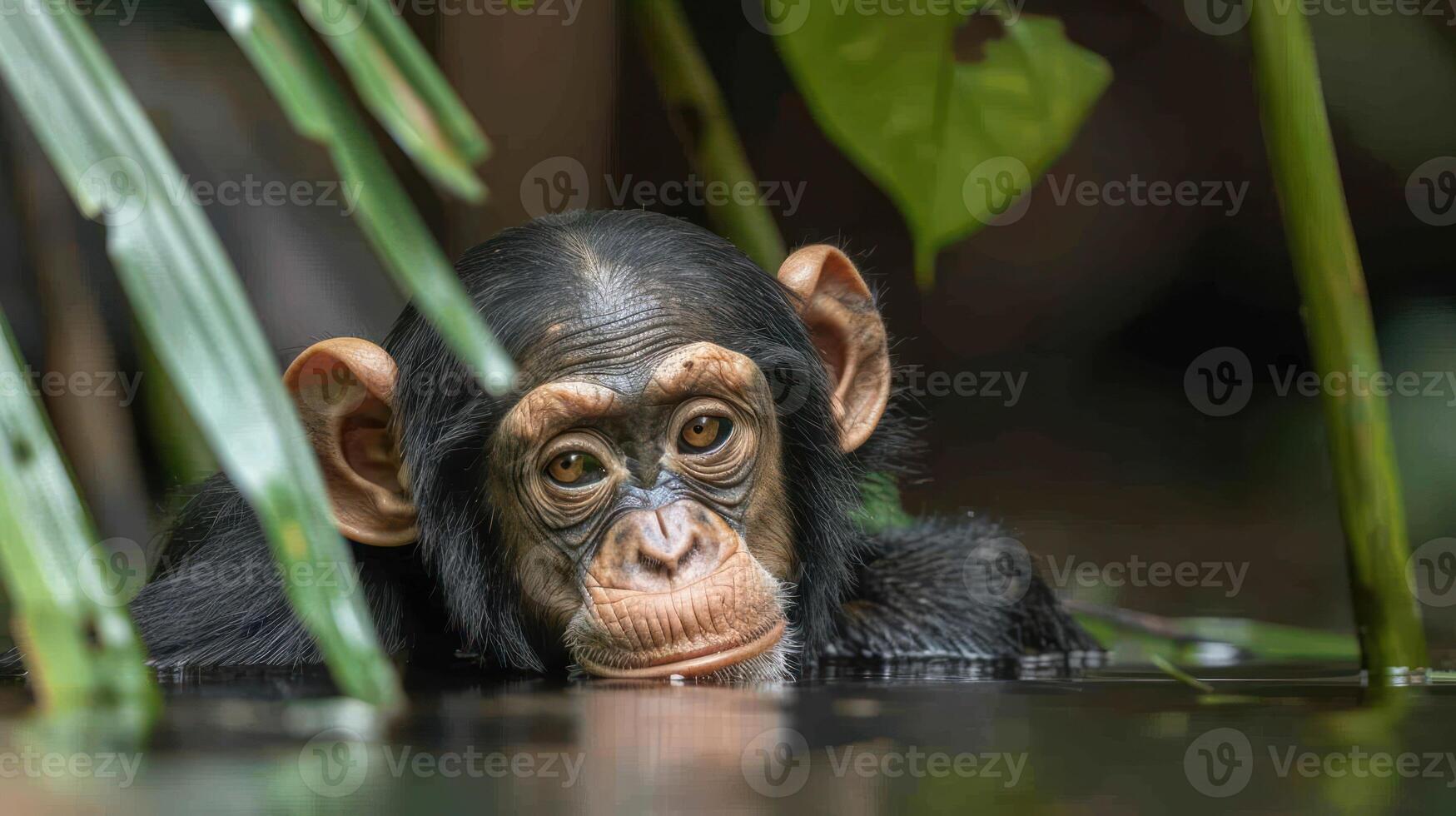 Young chimpanzee partially submerged in water, surrounded by lush green foliage in a tropical setting photo
