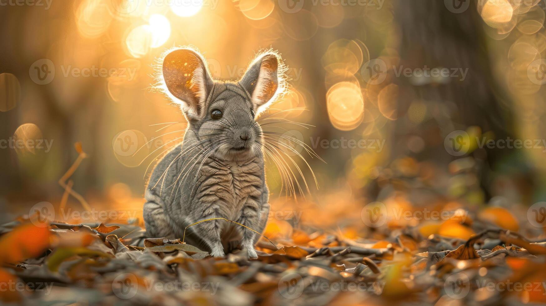 A cute chinchilla sits among autumn leaves in a sunlit forest, surrounded by soft bokeh lights photo