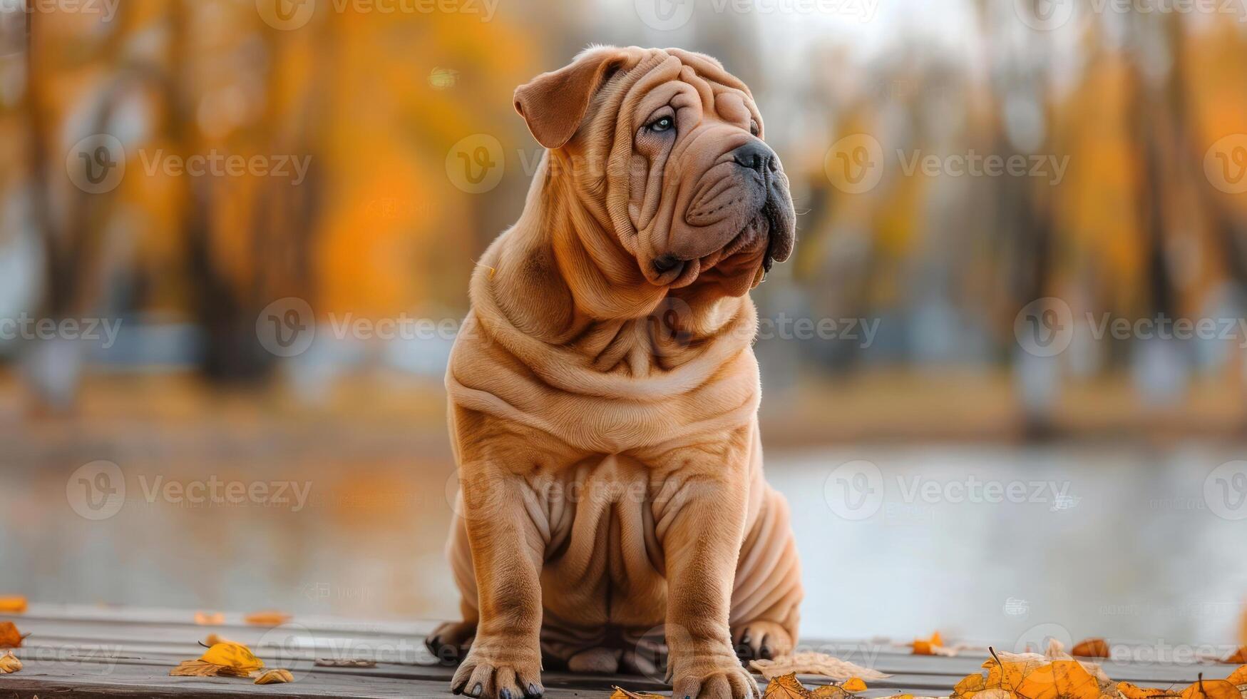 A serene Shar Pei dog sitting on a wooden dock surrounded by autumn foliage near a lake photo