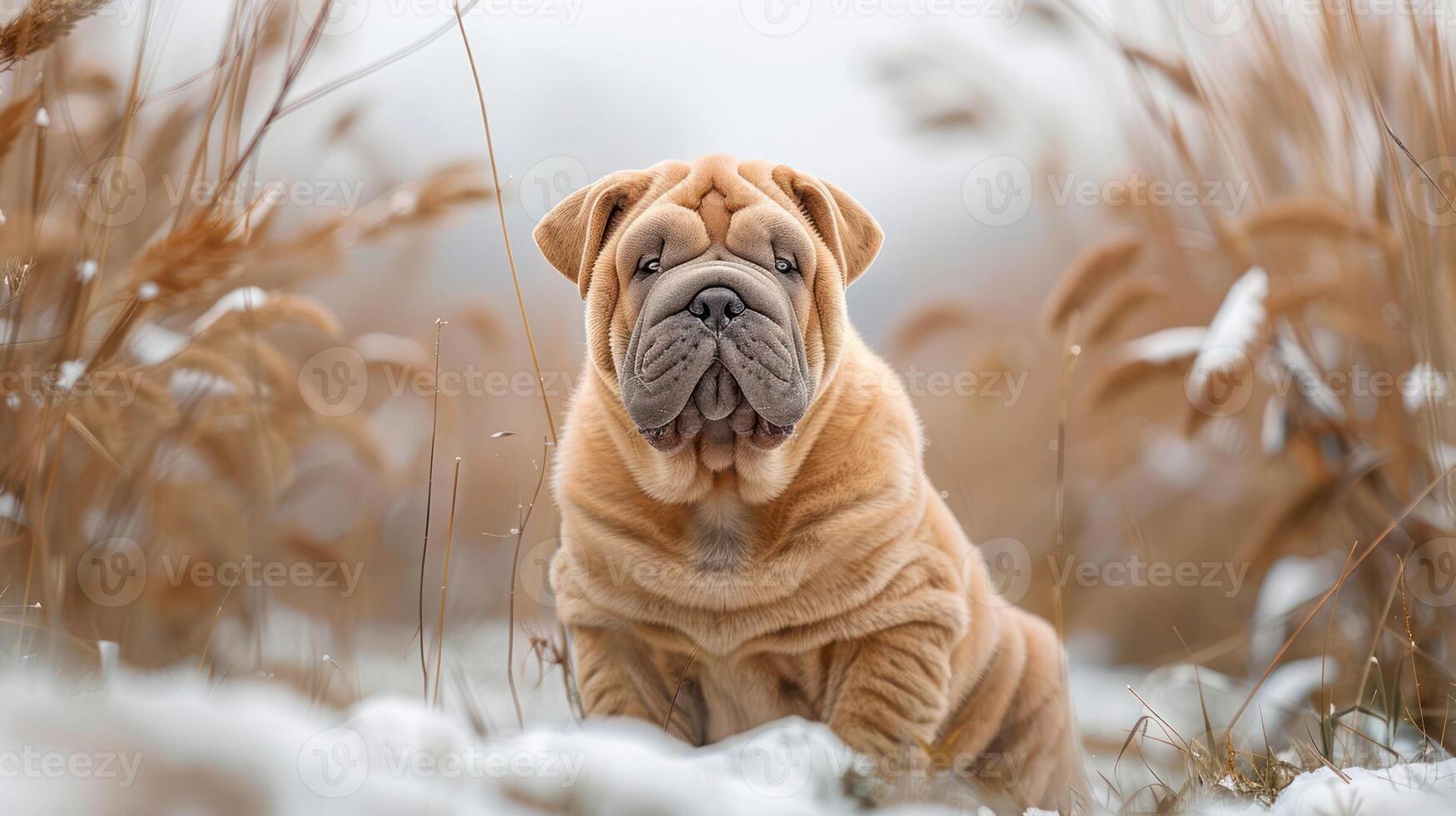 A playful Shar Pei dog sits in a snowy field surrounded by tall grass, enjoying winter scenery photo