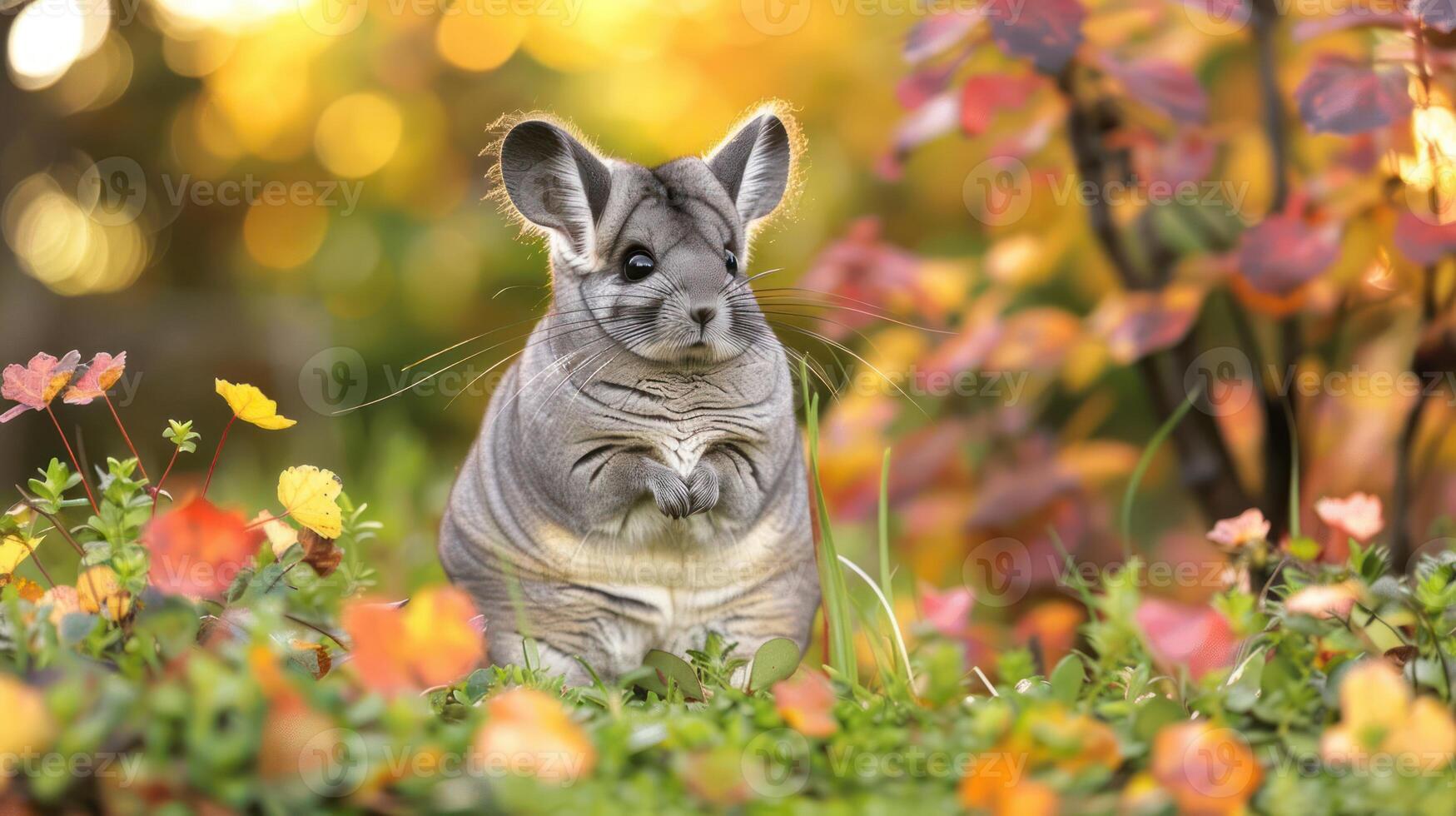 Adorable chinchilla standing amidst vibrant autumn foliage in a serene garden setting photo