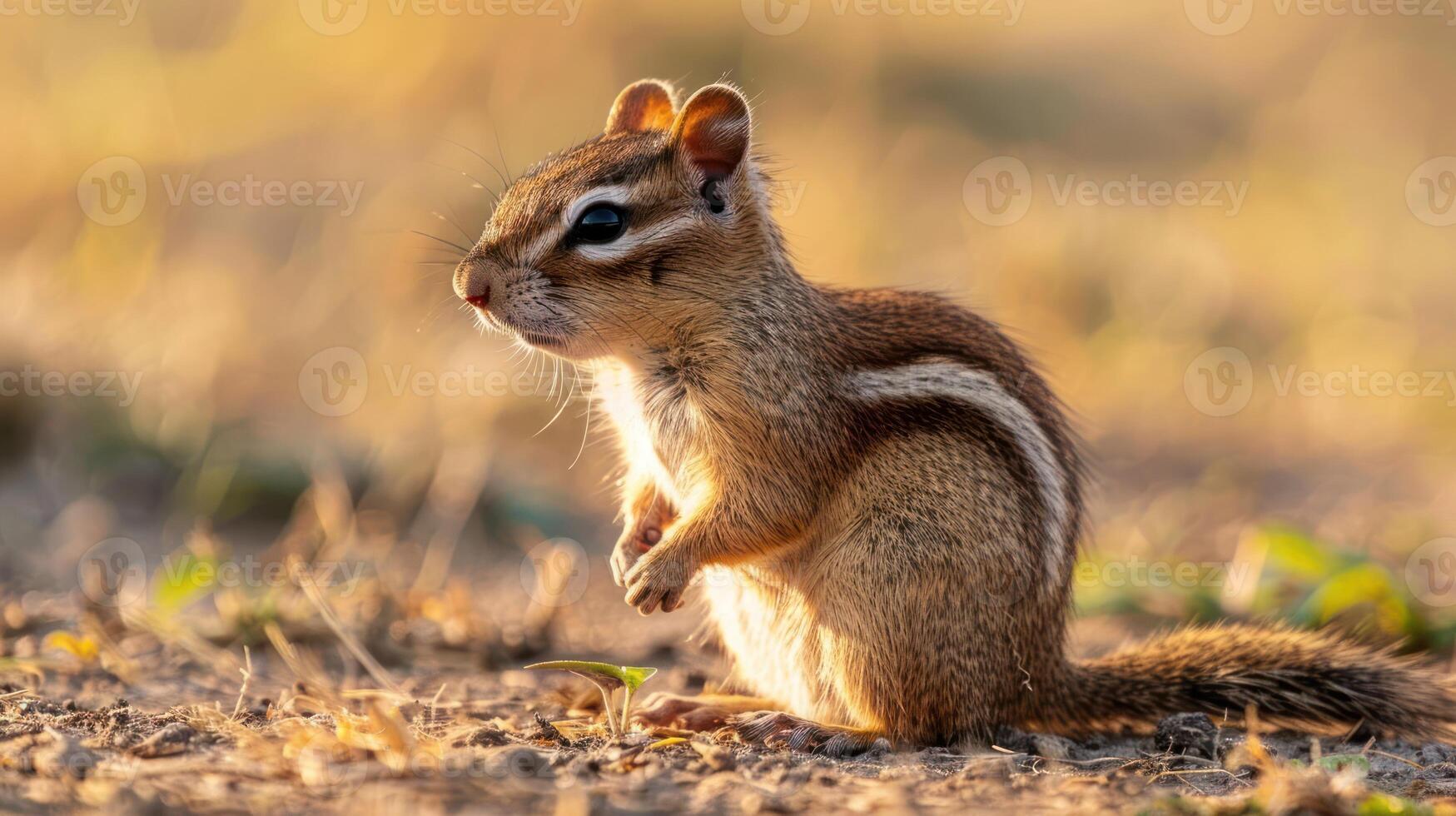 A chipmunk stands on its hind legs in a sunlit field, surrounded by soft grass and blurred background photo