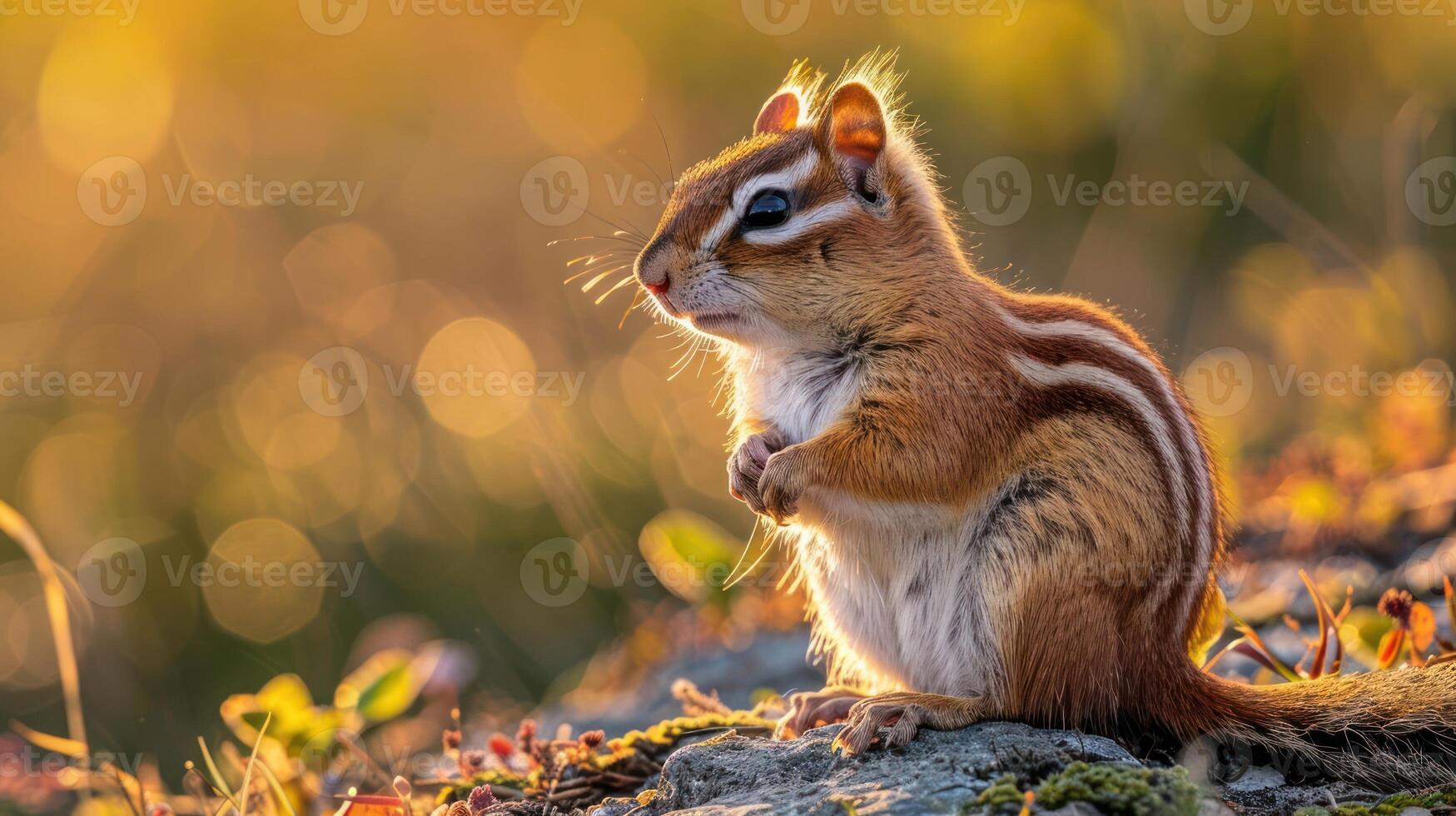 A chipmunk perched on a rock, surrounded by colorful foliage and soft sunlight during autumn photo