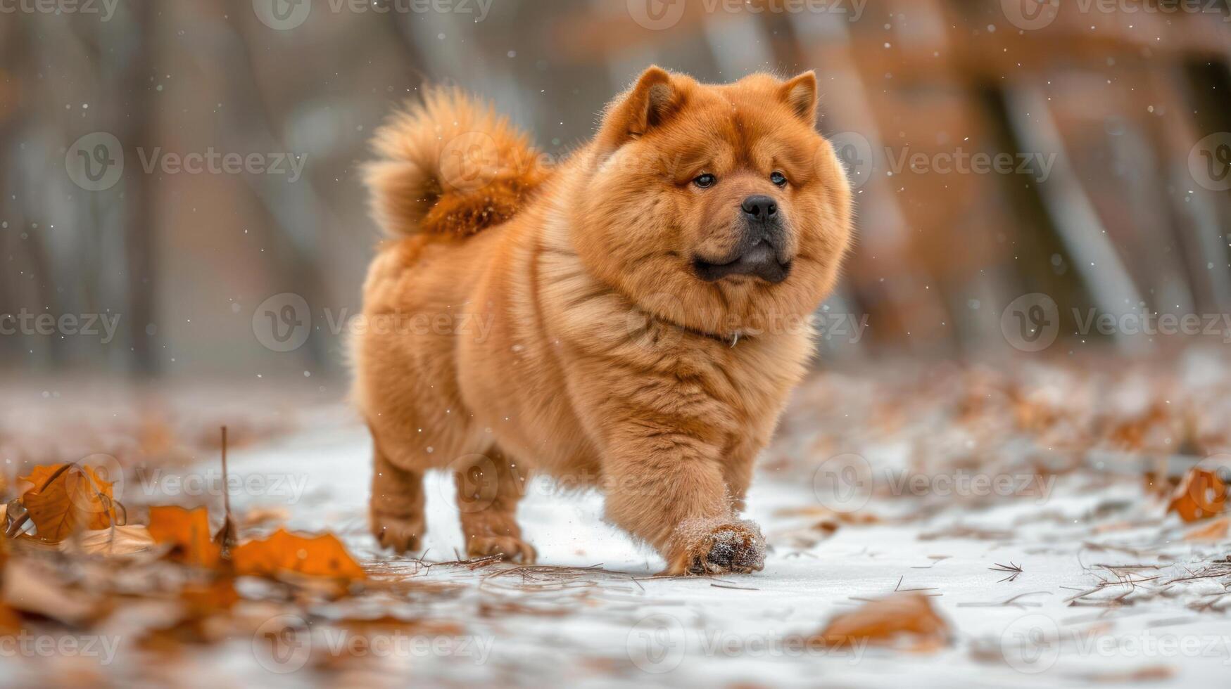 A fluffy Chow Chow dog walking through a snowy path surrounded by autumn leaves in a serene forest photo