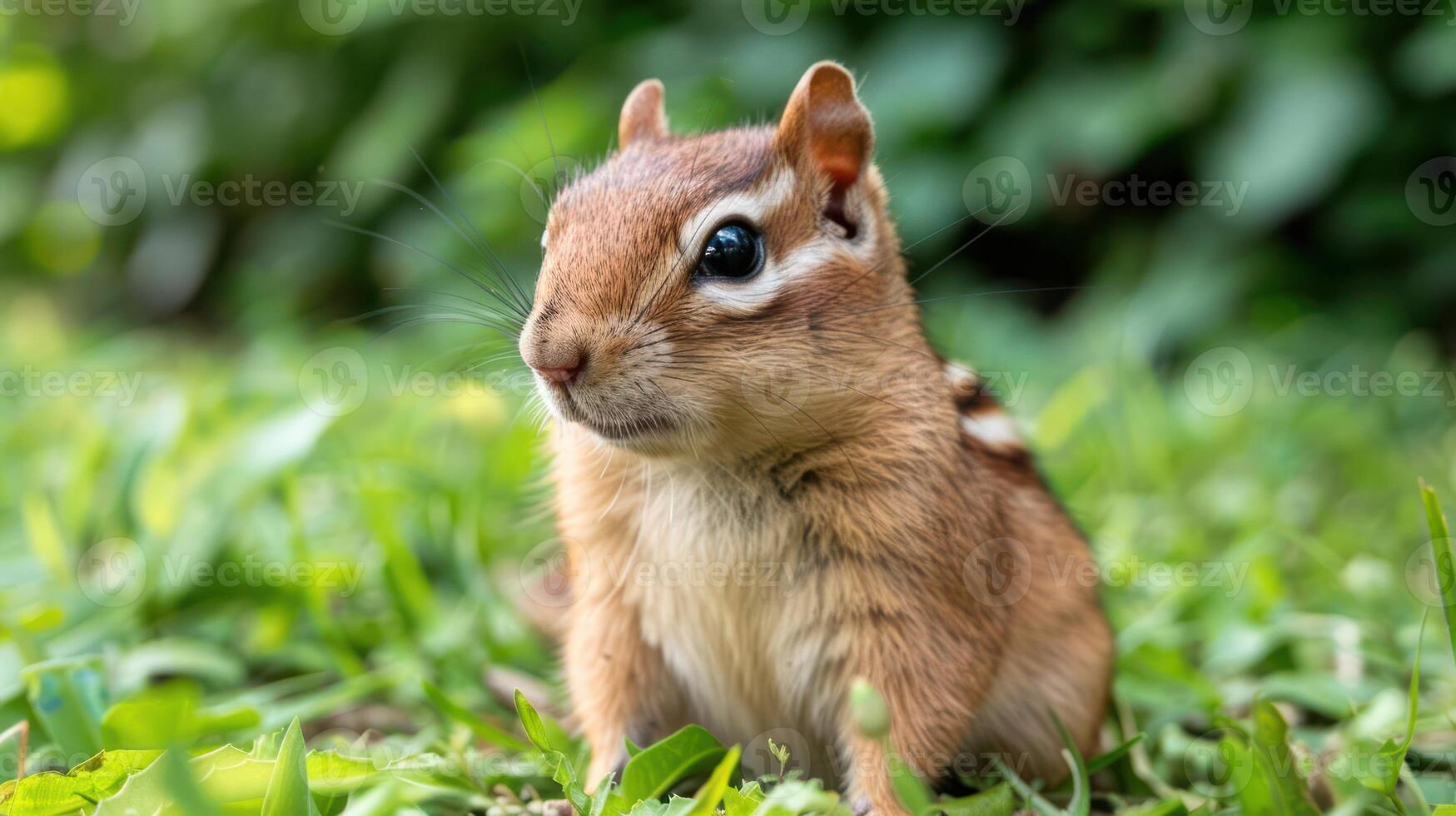 Close-up of a curious chipmunk sitting on lush green grass with a blurred background photo