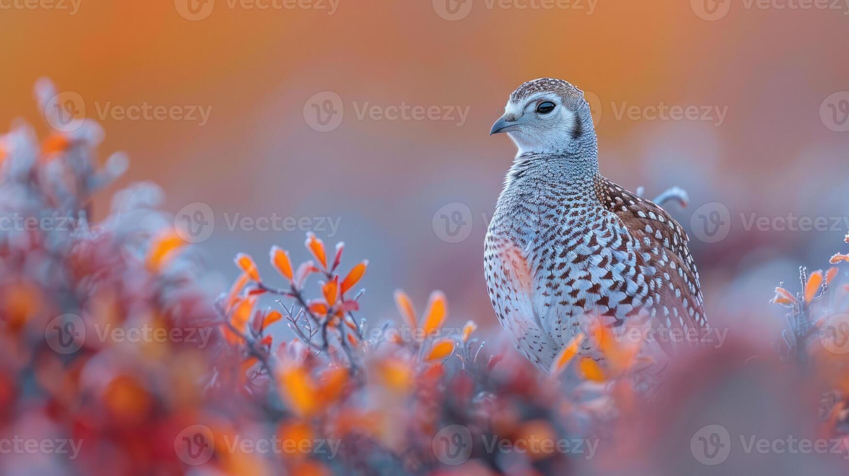 A solitary bird stands amidst vibrant autumn foliage, showcasing nature's beauty in a serene setting photo