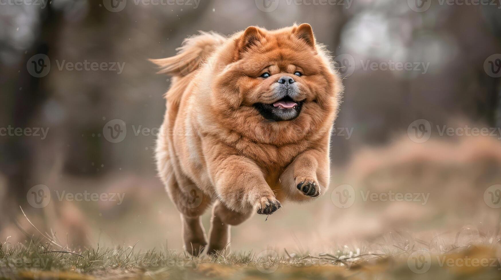 Playful Chow Chow dog joyfully running through a grassy field with trees in the background photo