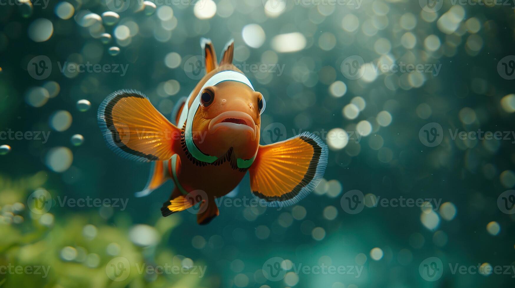 Vibrant clownfish swimming gracefully through shimmering underwater bubbles in a coral reef photo