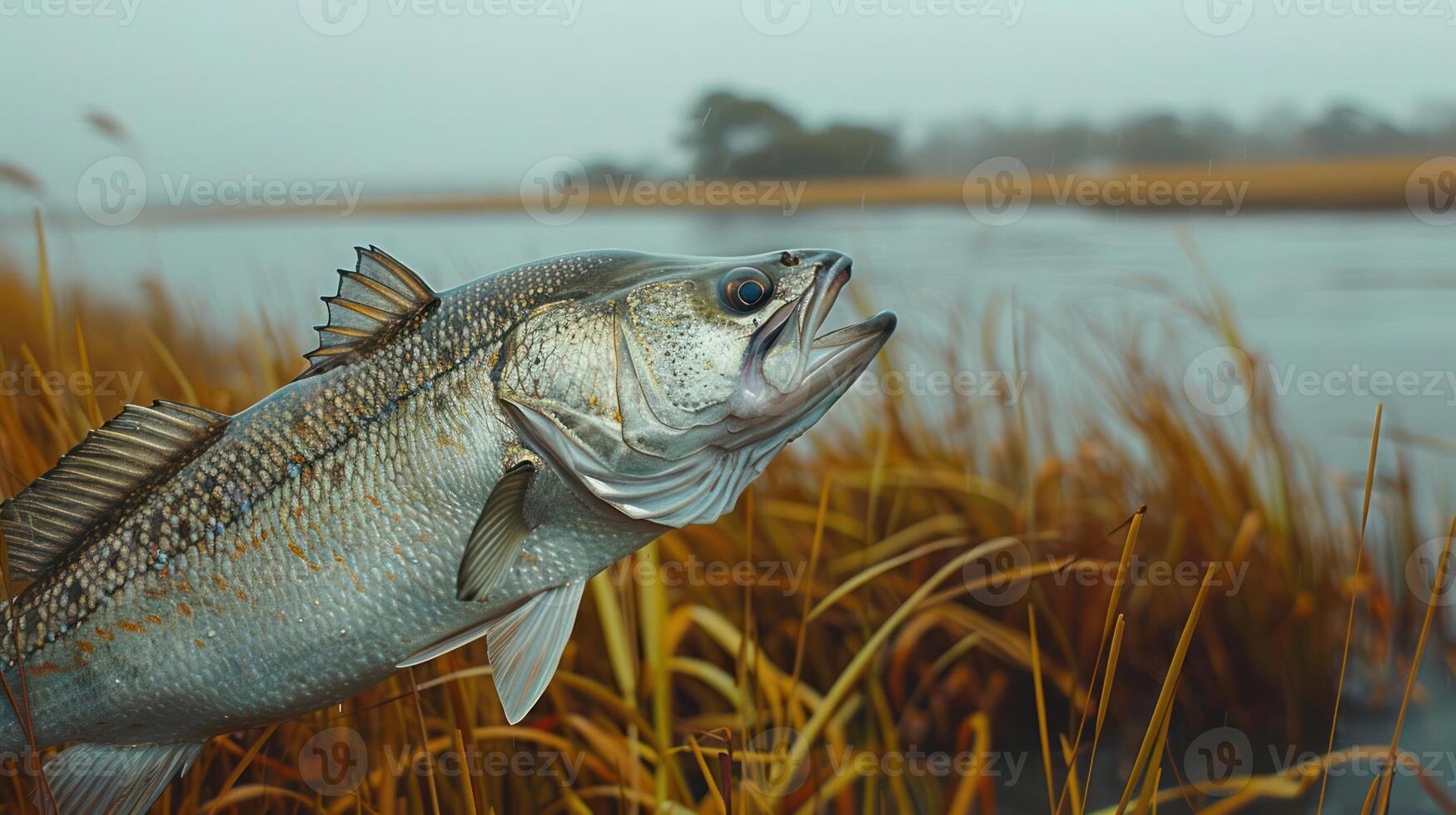A large fish leaps from a river surrounded by tall grass, showcasing nature's beauty and wildlife photo