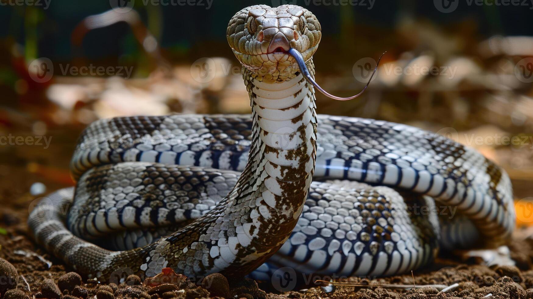 Close-up of a striking snake poised on the ground, showcasing its intricate patterns and tongue flicking, with a blurred natural background photo