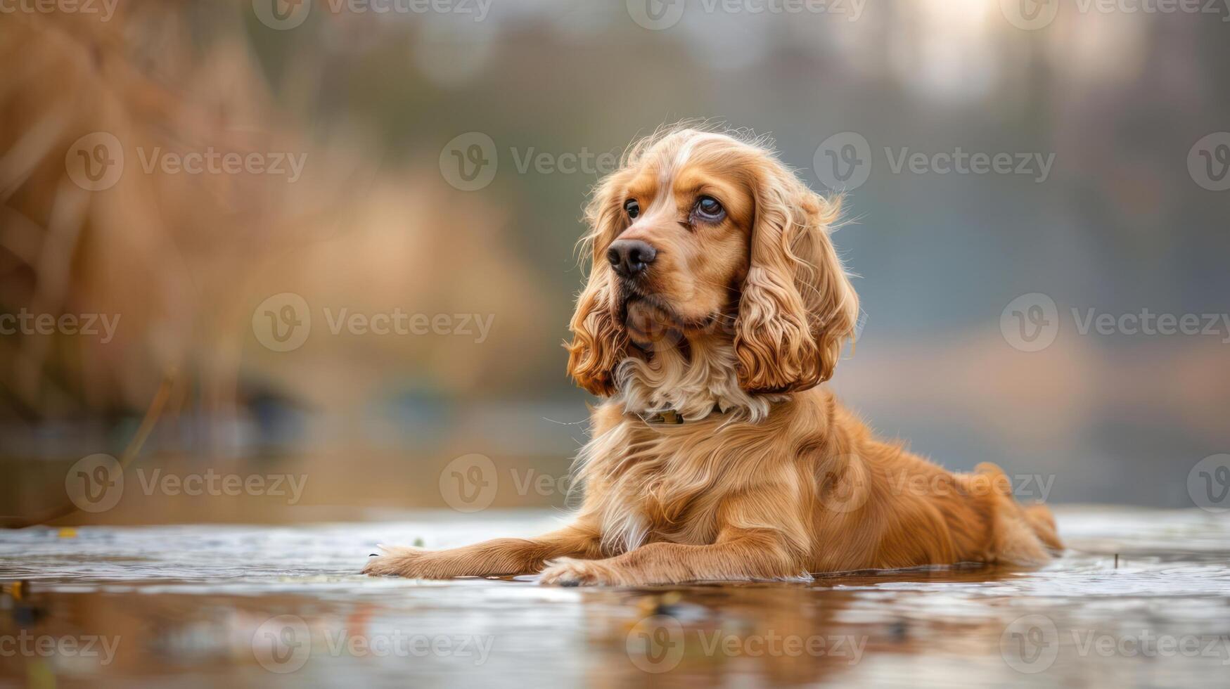 A golden cocker spaniel relaxing in shallow water amidst a serene natural landscape photo