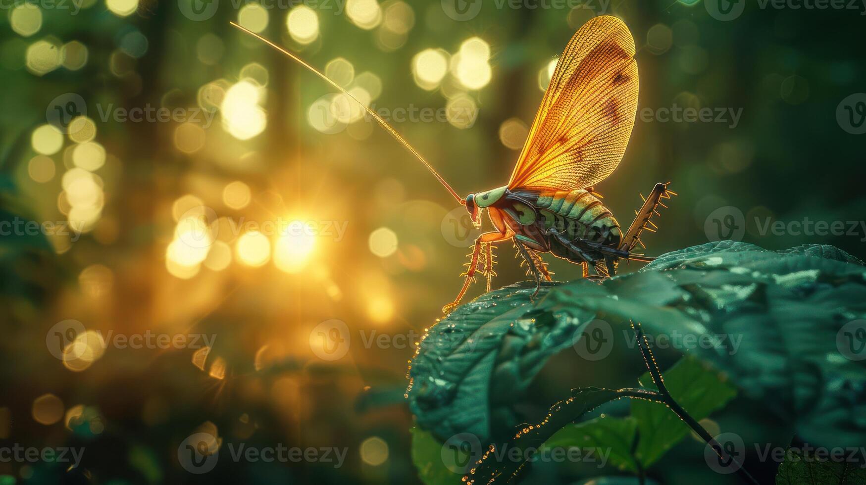 Vibrant insect perched on green foliage illuminated by golden sunlight in a lush forest setting photo