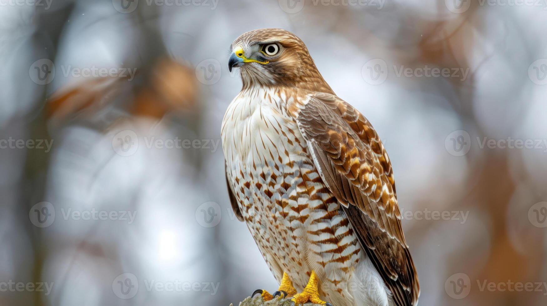 Majestic hawk perched on a branch, surrounded by blurred autumn foliage in a serene forest photo