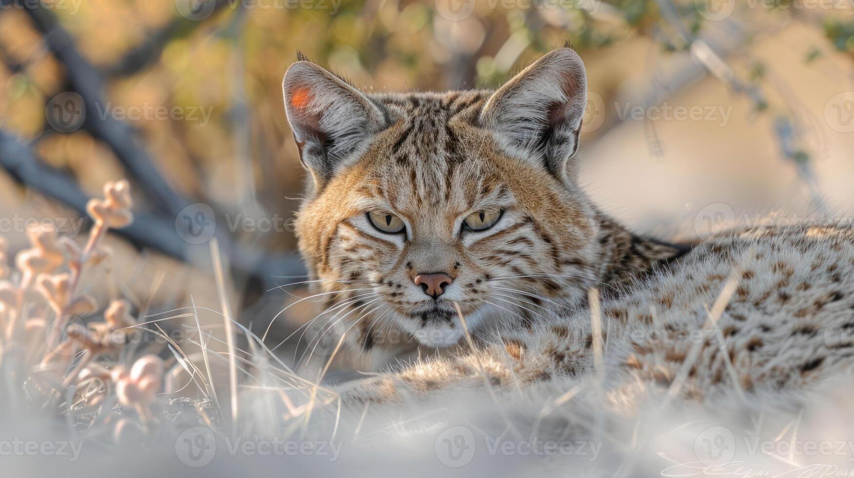 Close-up of a lynx resting in a sunlit natural habitat surrounded by soft grasses and foliage photo