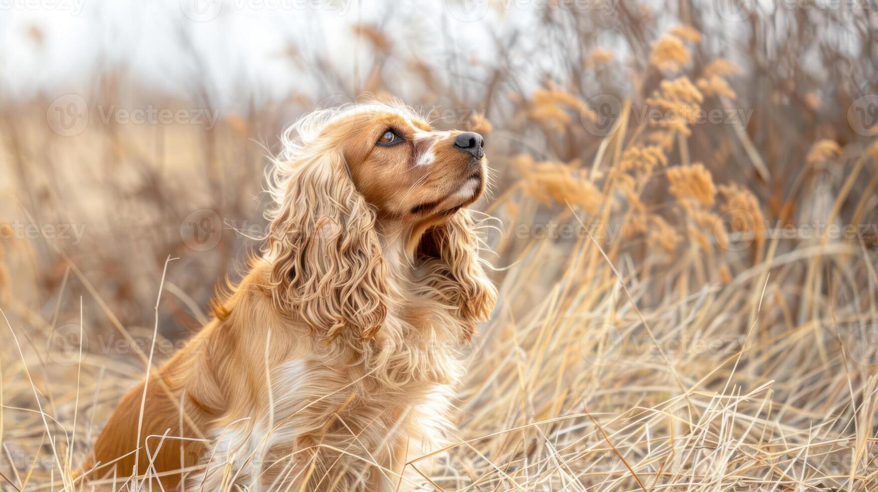 A golden Cocker Spaniel gazes thoughtfully among tall grasses in a serene, natural setting photo