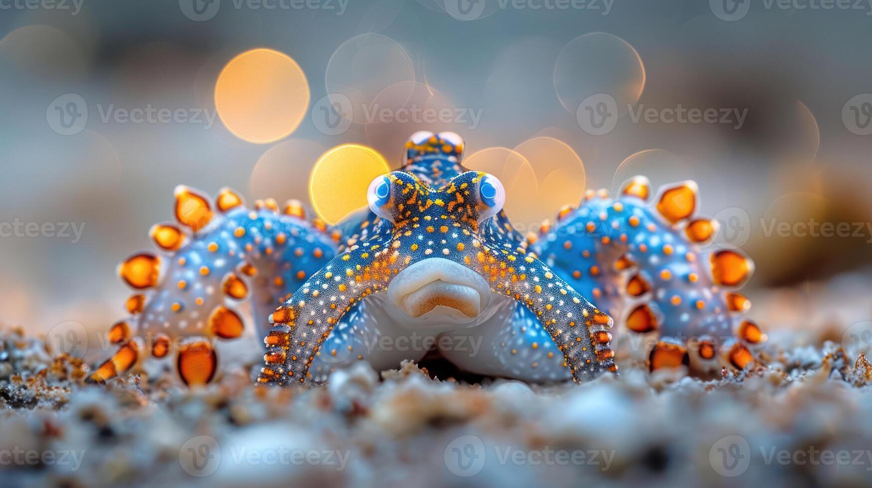 Colorful octopus resting on sandy seabed with bokeh effect in the background, showcasing marine life photo