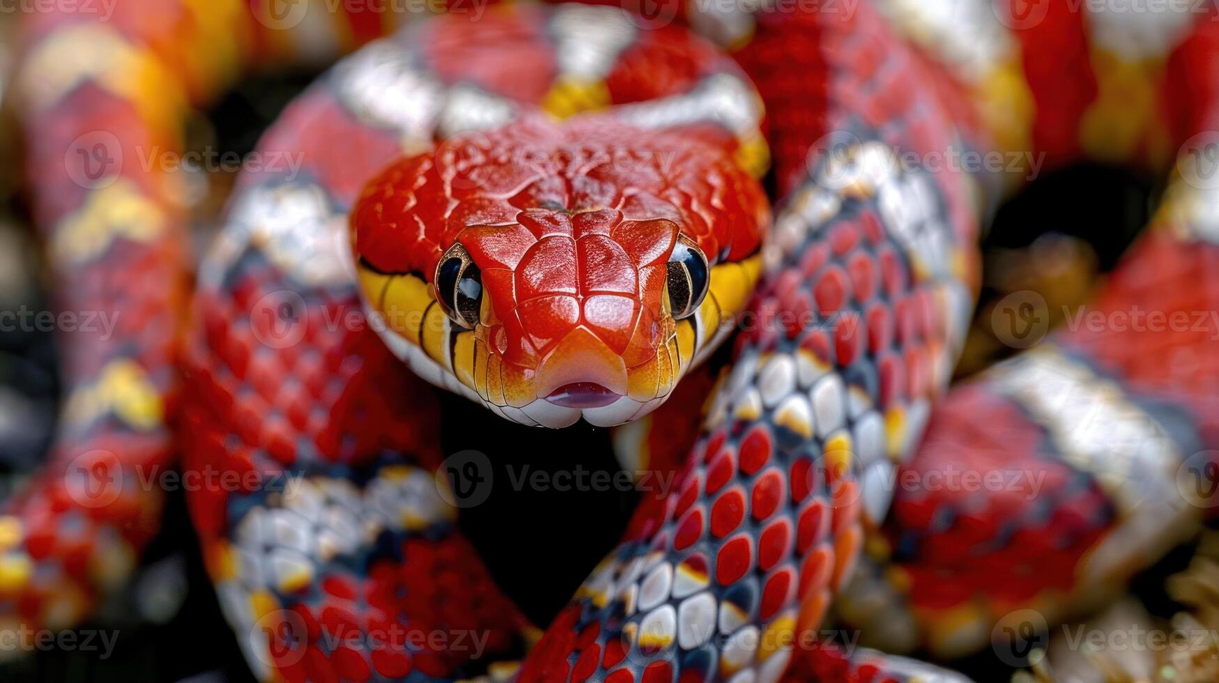 Close-up of a vibrant red and yellow snake coiled on the ground, surrounded by natural foliage photo