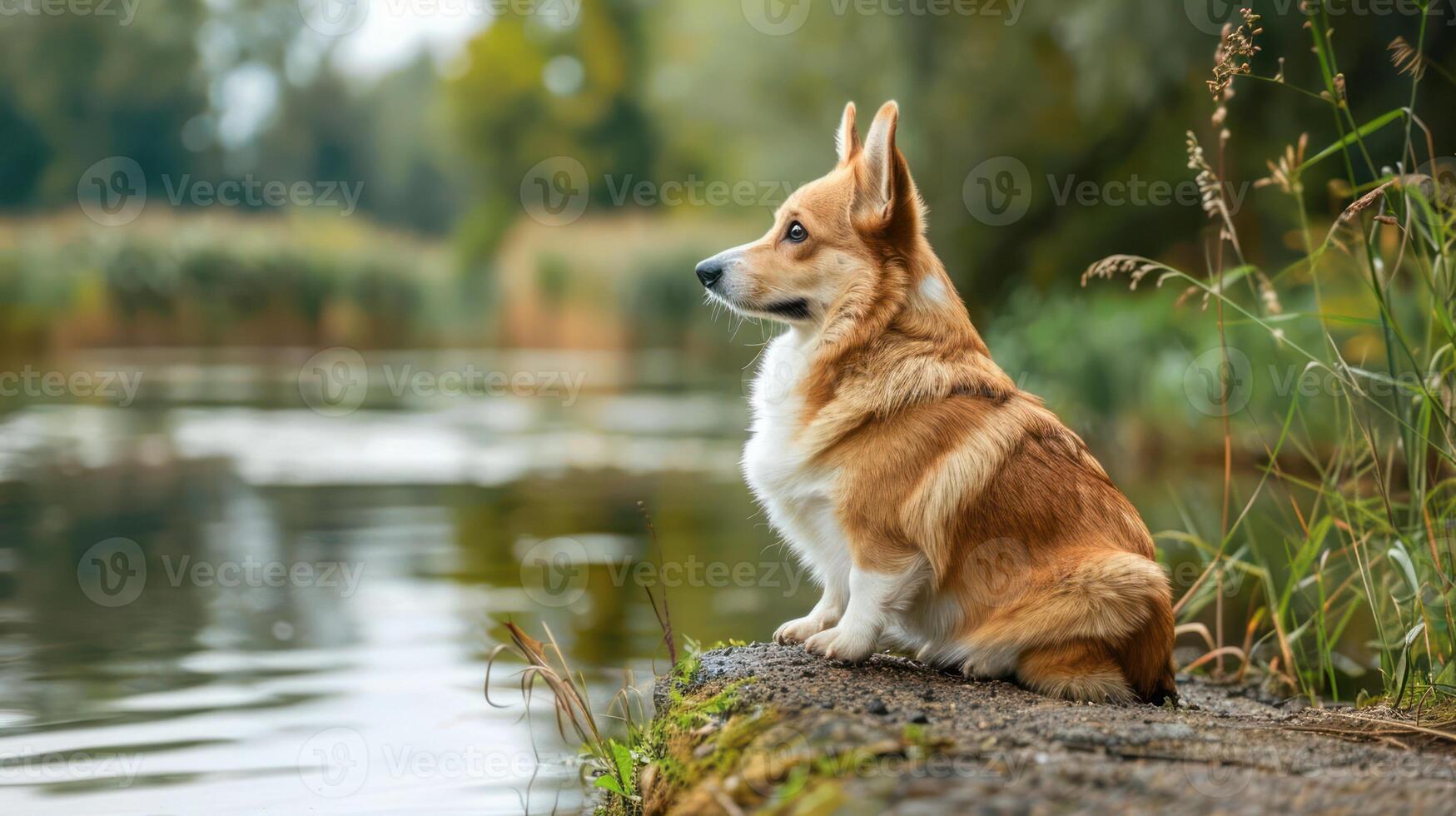 A contemplative corgi sitting by a serene lake, surrounded by lush greenery and gentle ripples photo