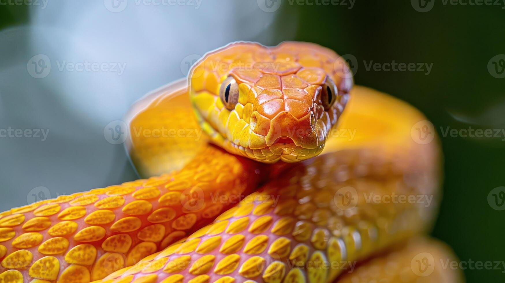 Close-up of a vibrant yellow snake coiled on a branch in a lush green environment photo
