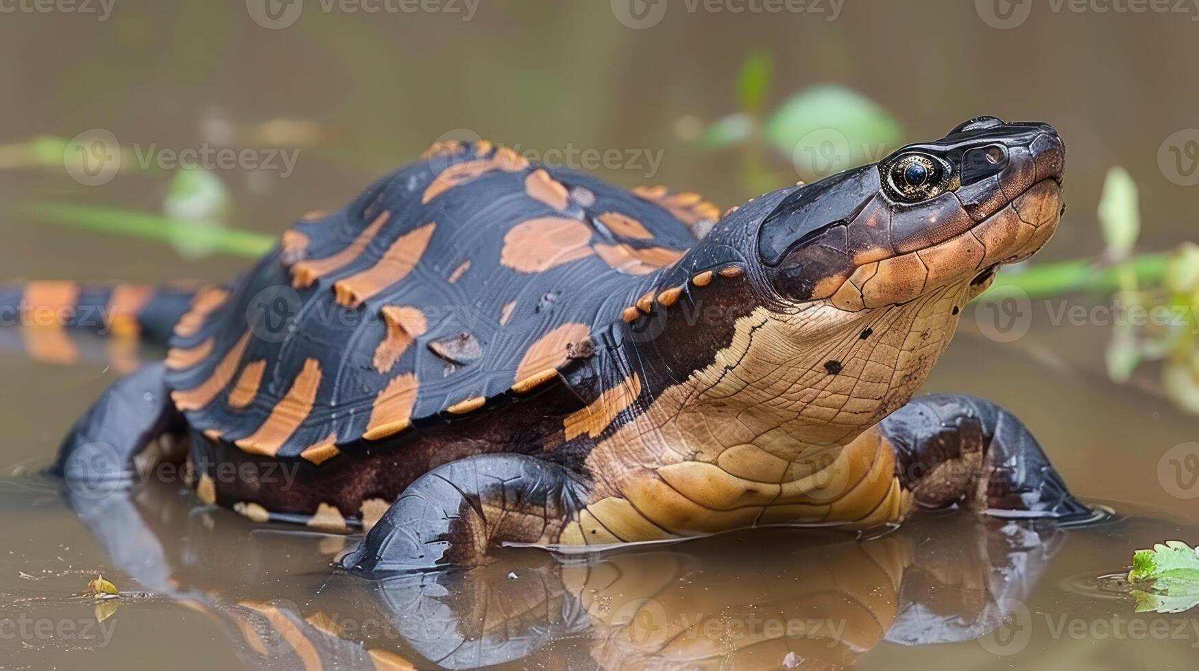 A close-up of a vibrant turtle emerging from a serene pond surrounded by lush greenery photo