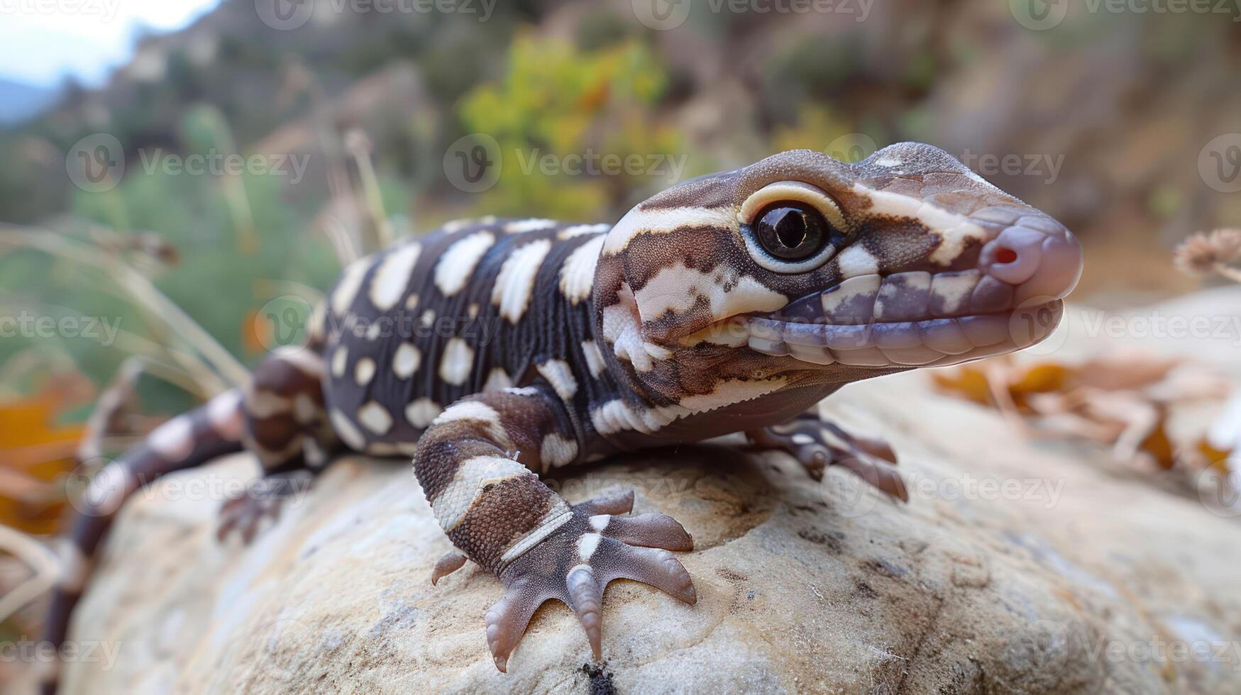 Close-up of a spotted lizard resting on a rock in a vibrant natural landscape with foliage photo