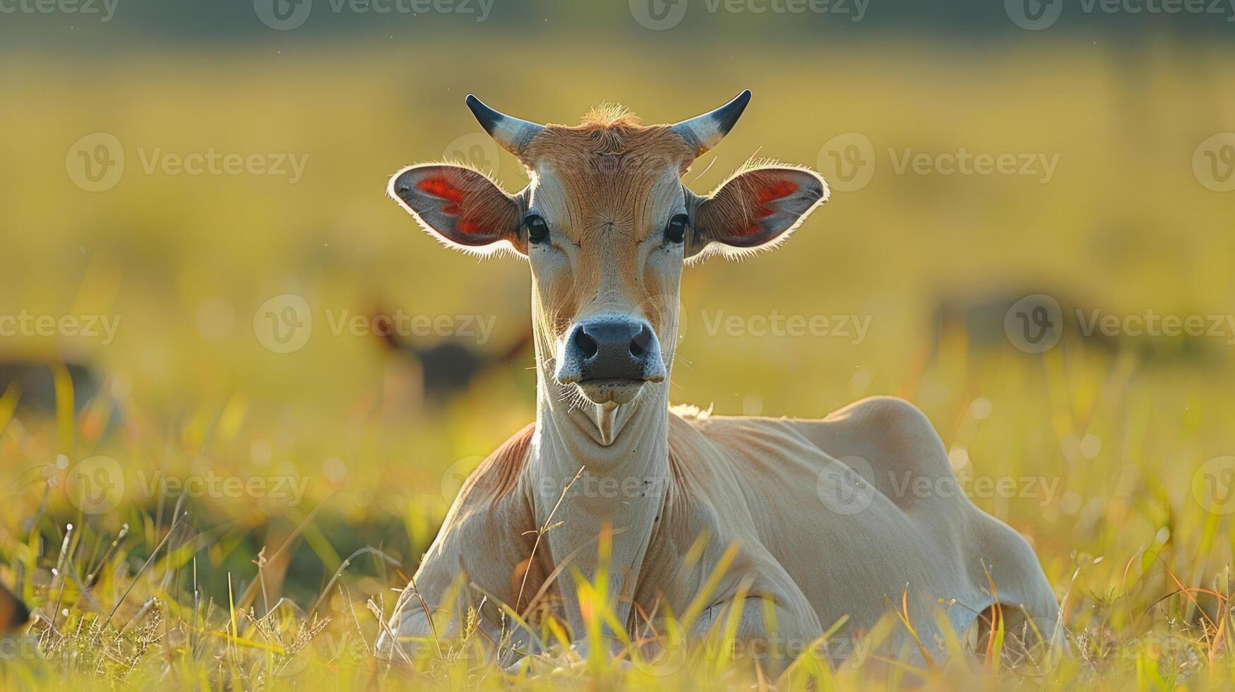 A serene cow resting in a lush green field during golden hour, with grazing companions in the background photo