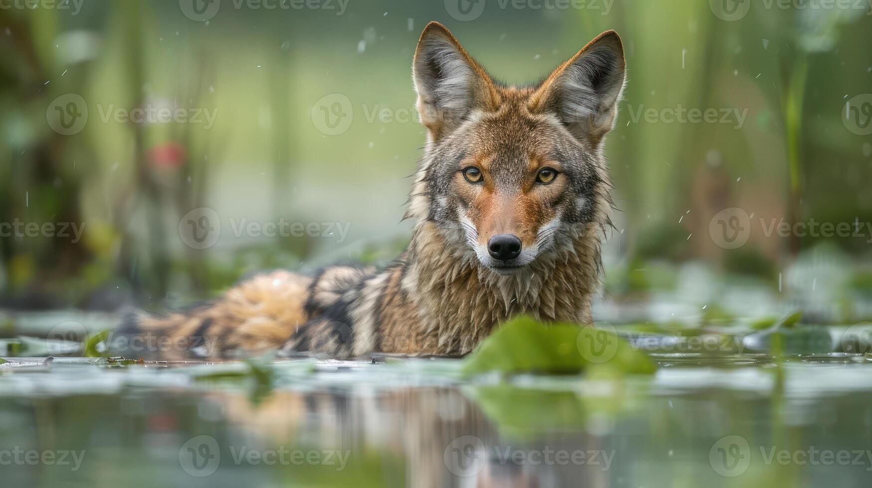 A coyote wading through a serene wetland, surrounded by lush greenery and gentle rain photo
