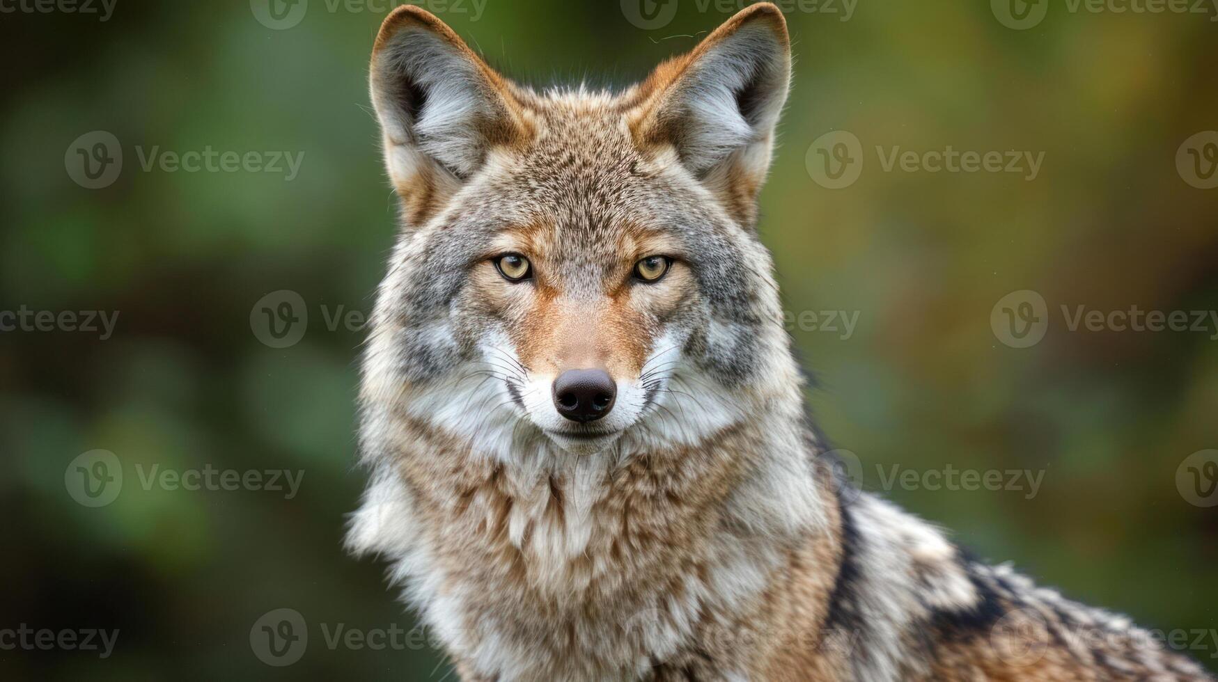 Close-up of a wild coyote gazing intently with a blurred green background, showcasing its natural habitat photo