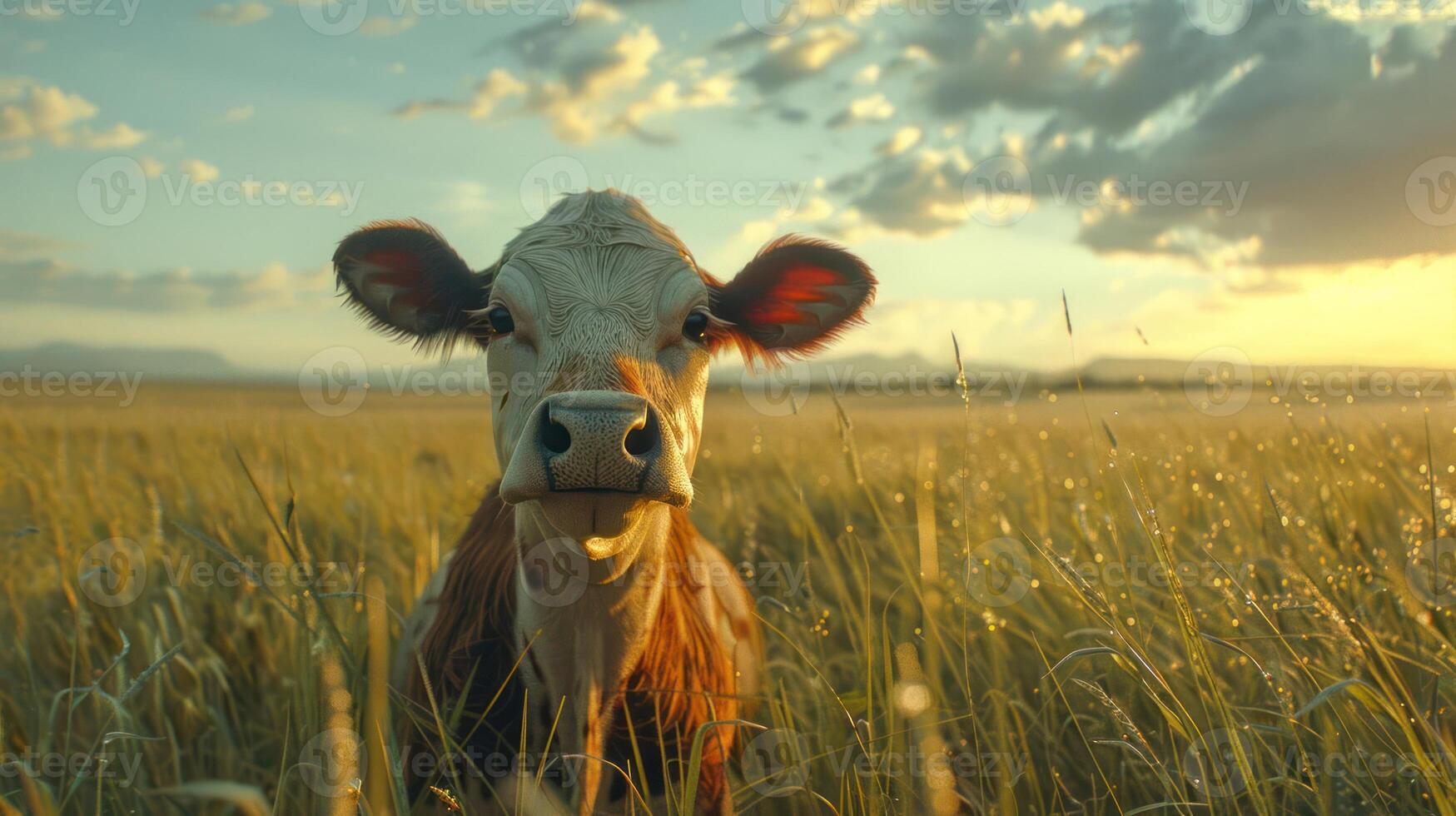 A serene cow stands in a golden field at sunset, surrounded by a picturesque landscape photo