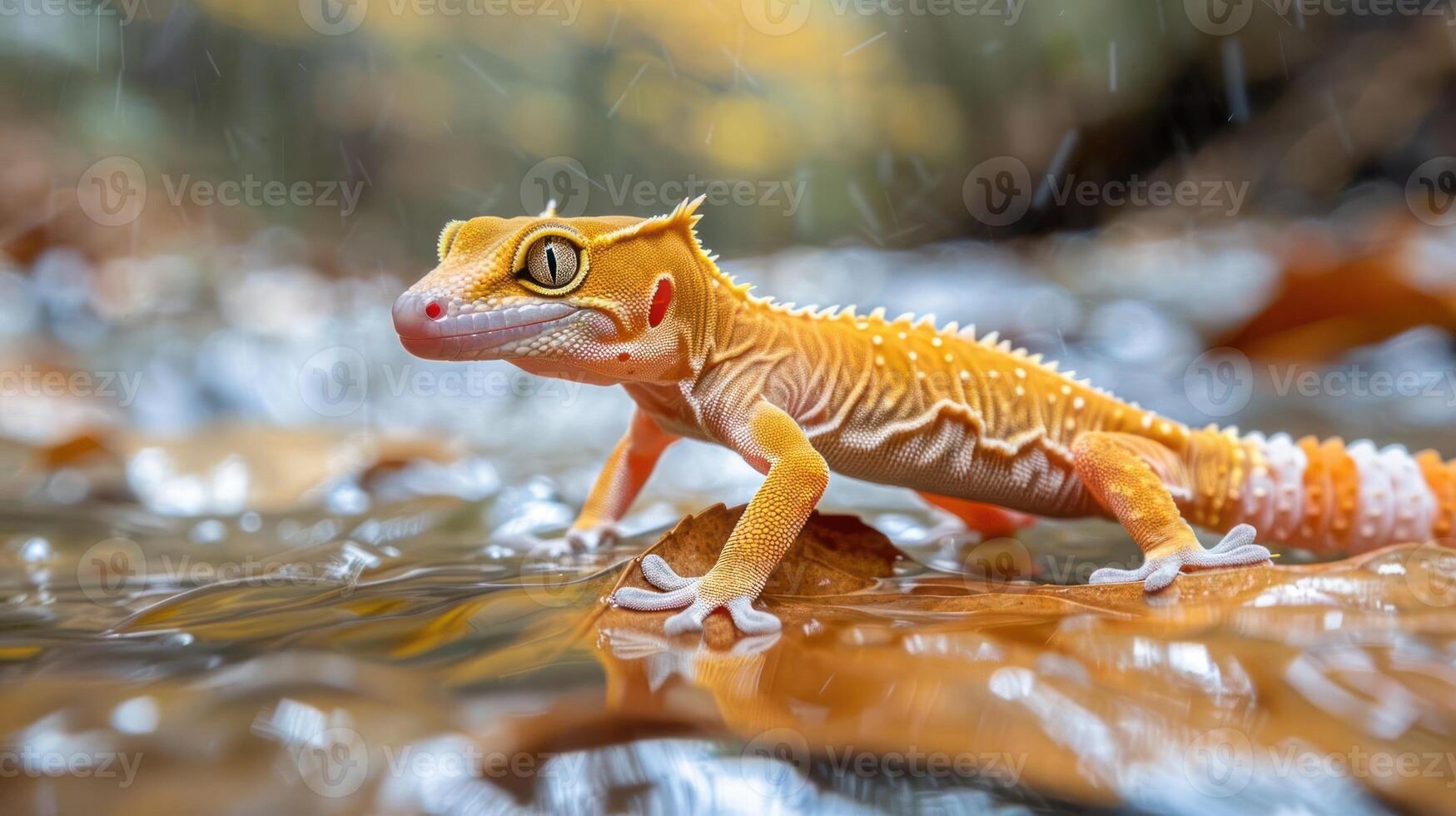 A vibrant gecko exploring a shimmering stream surrounded by autumn leaves and blurred background photo