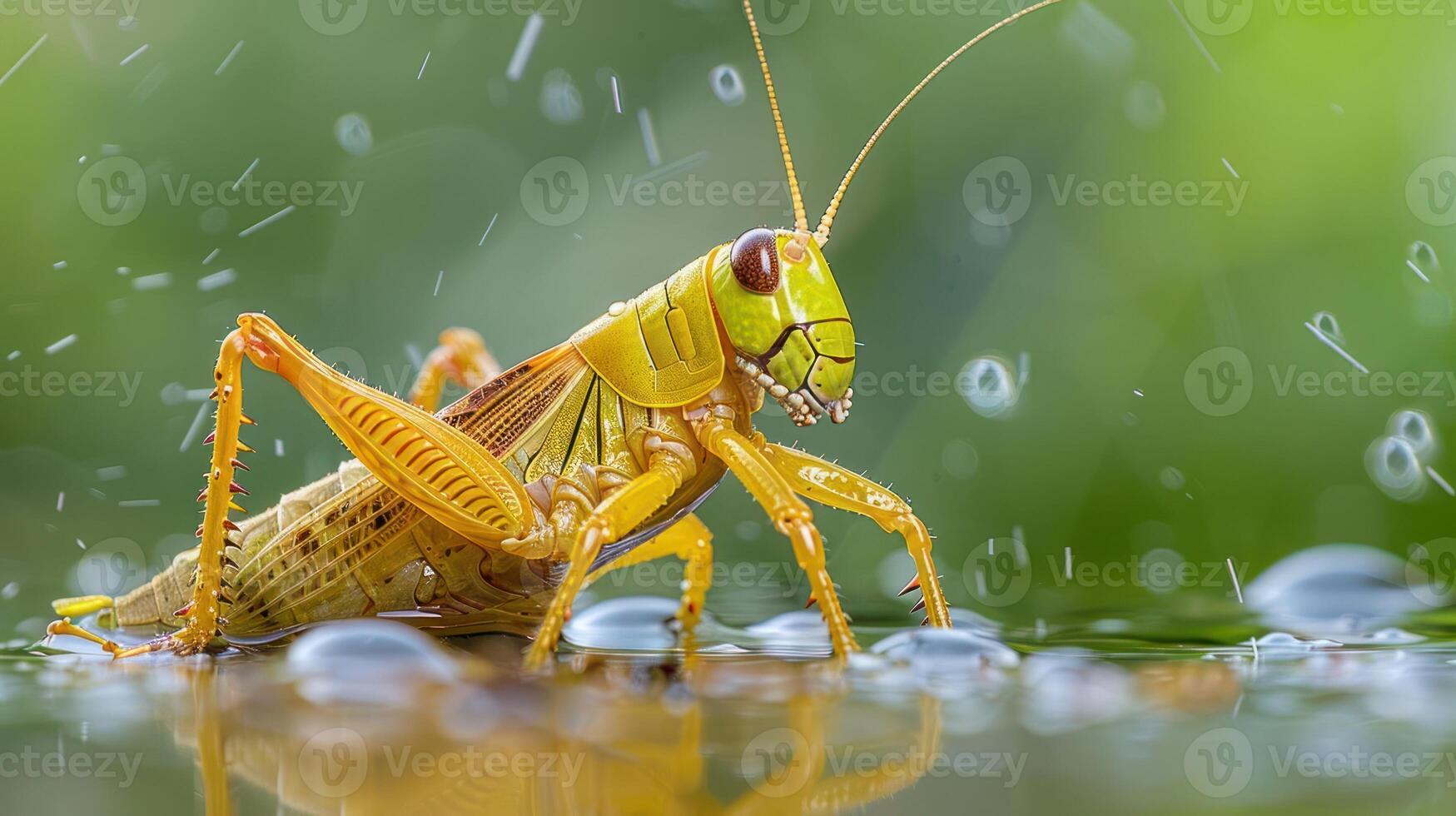 Close-up of a vibrant grasshopper perched on a wet surface amidst raindrops and greenery photo