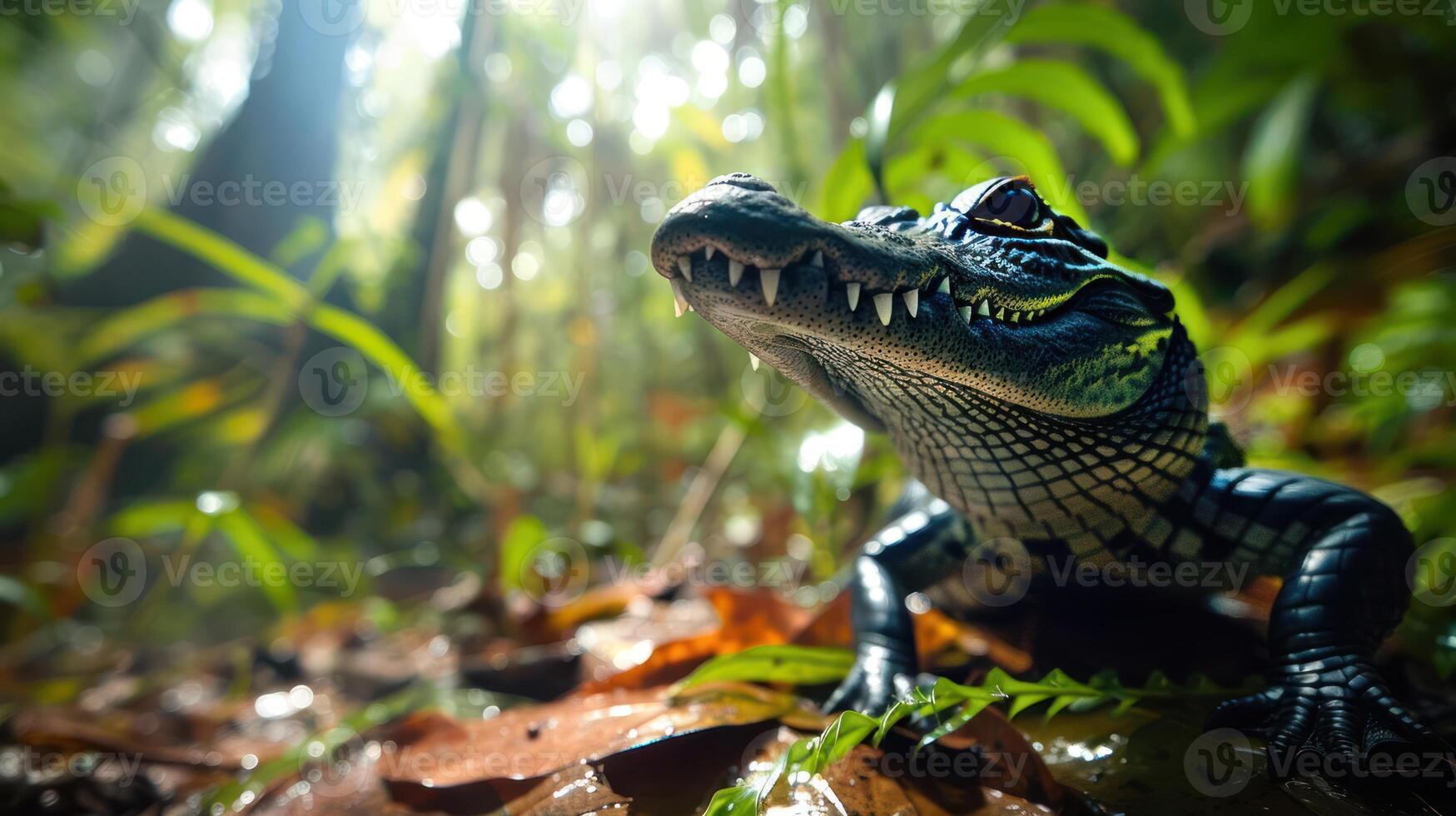 Close-up of a crocodile resting on leaves in a lush, sun-dappled rainforest environment photo