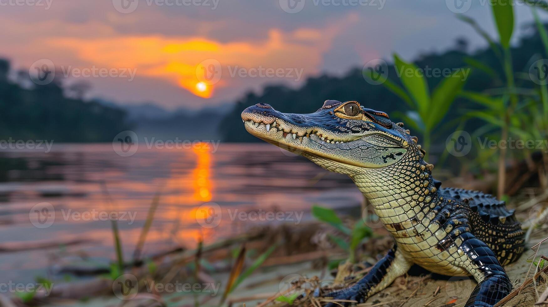 A crocodile resting on the riverbank at sunset, surrounded by lush vegetation and tranquil waters photo