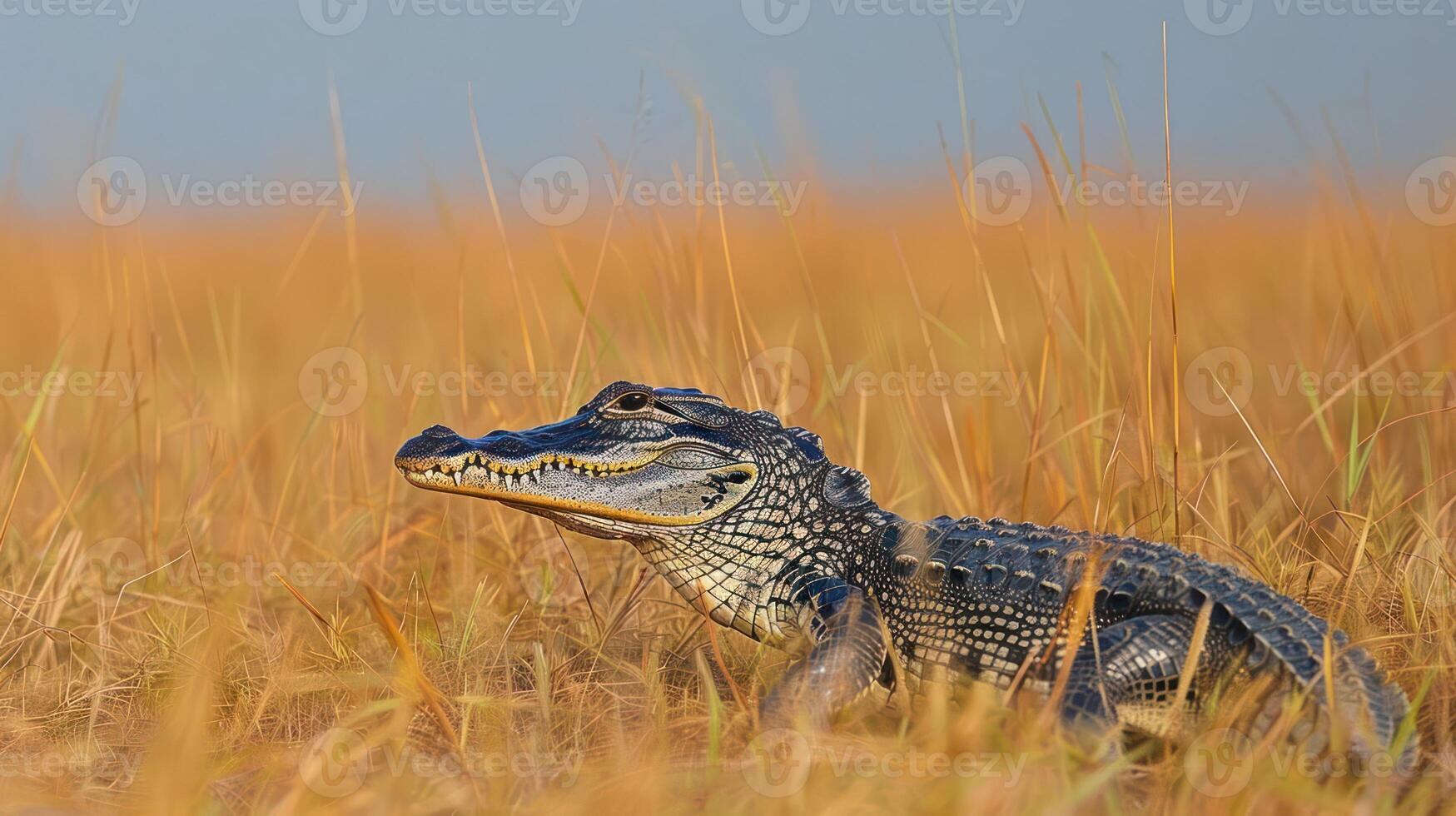 Alligator resting in tall golden grass under a clear blue sky in a serene natural habitat photo