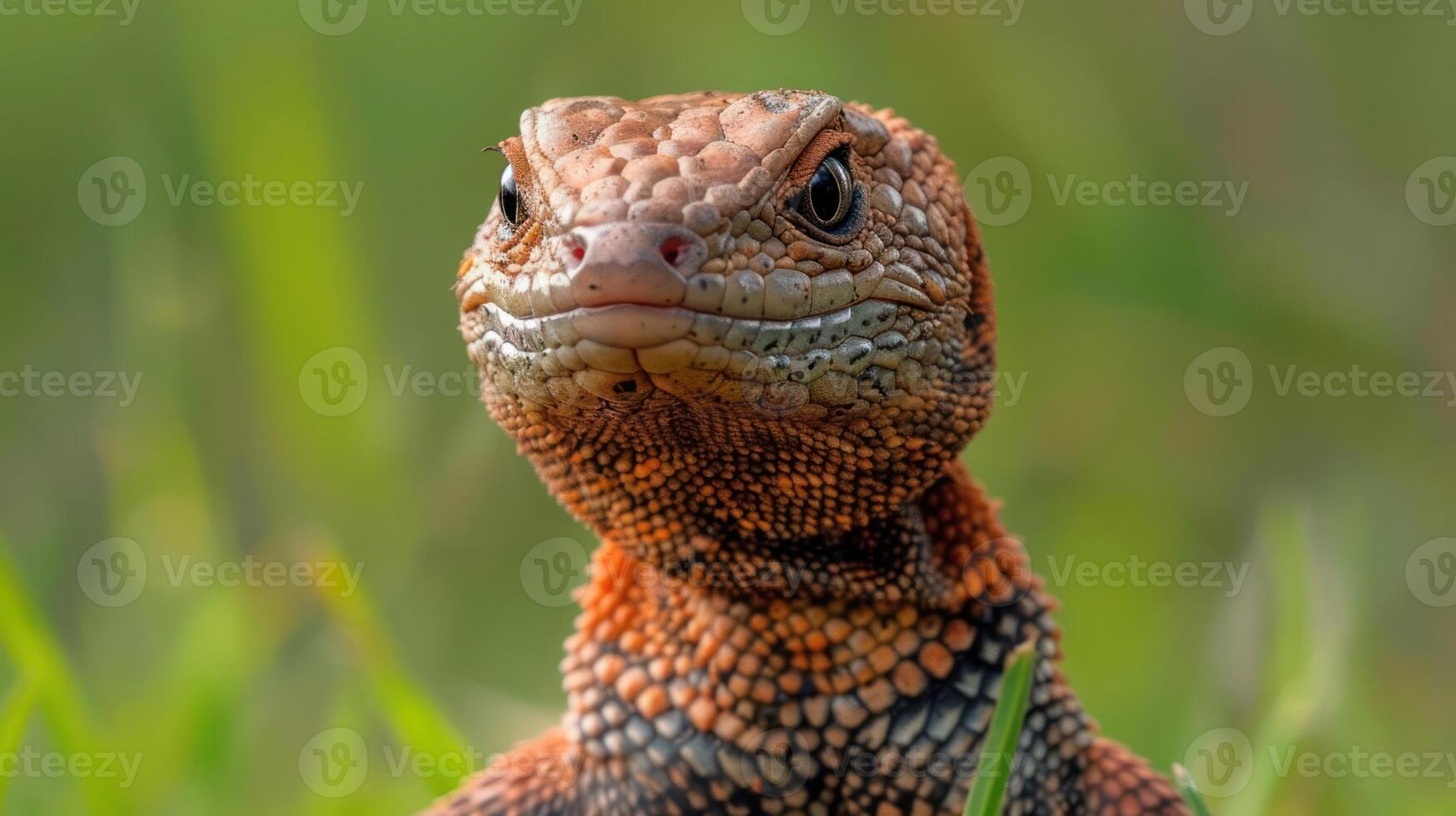 Close-up of a vibrant lizard in a lush green habitat, showcasing its intricate textures and colors photo