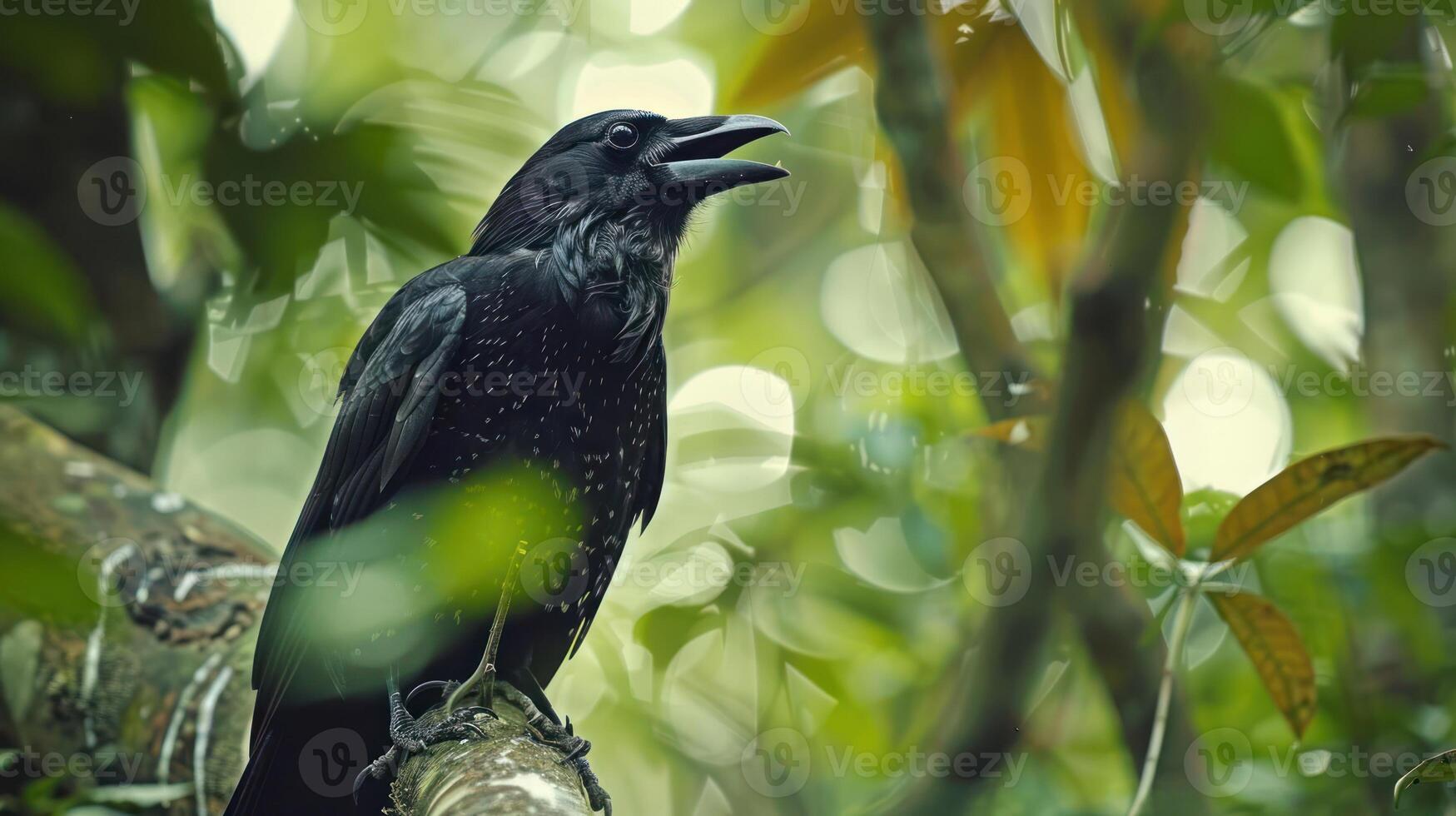 Black bird perched on a branch in a lush green forest, singing amidst vibrant foliage photo