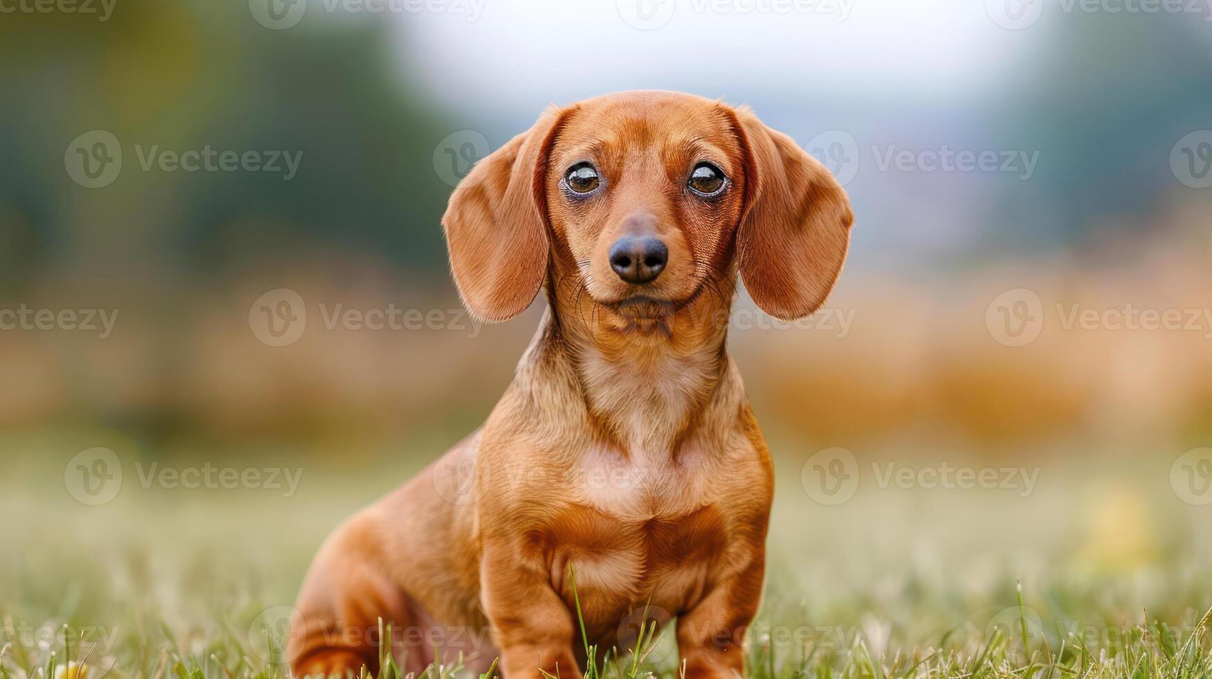 Adorable dachshund puppy sitting on grass in a sunny park with blurred background photo