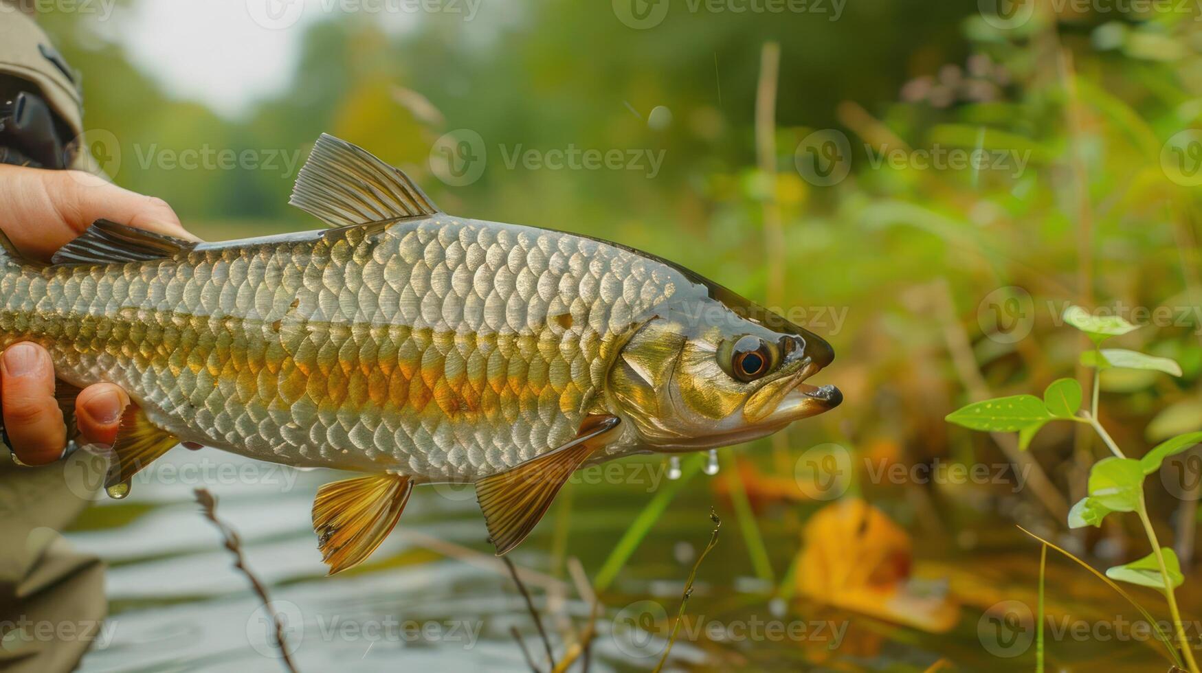 Close-up of a person holding a shimmering fish above water with lush greenery in the background photo