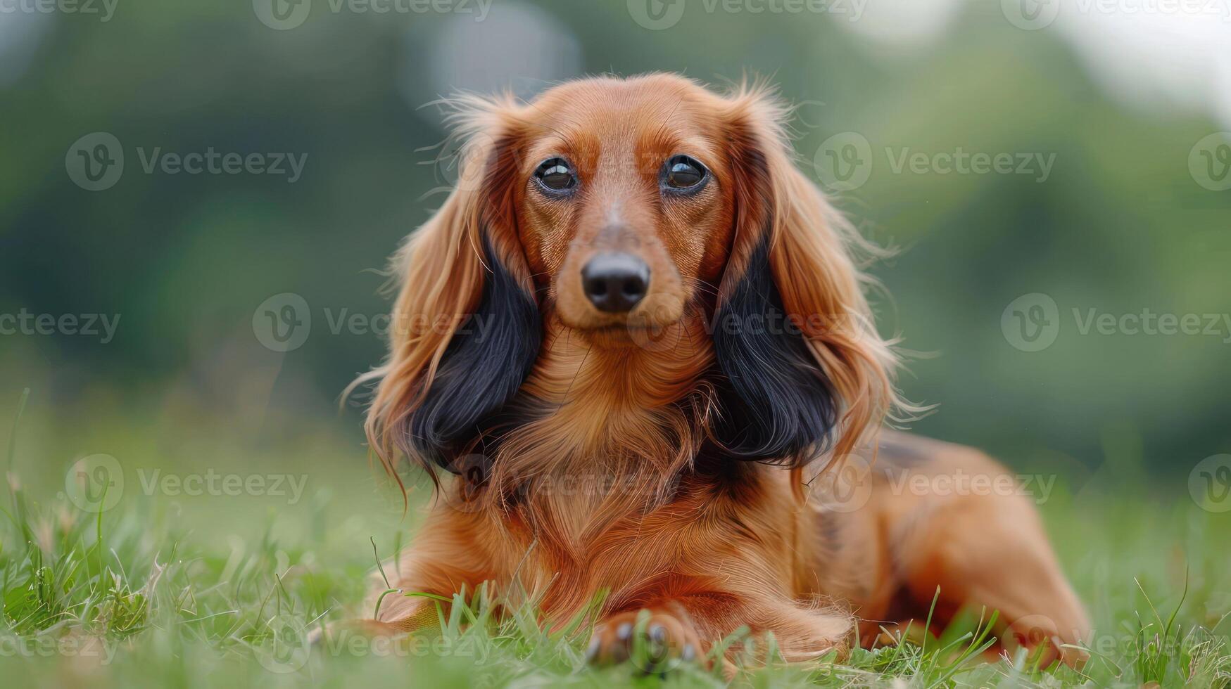 A close-up of a long-haired dachshund resting on green grass in a serene outdoor setting photo